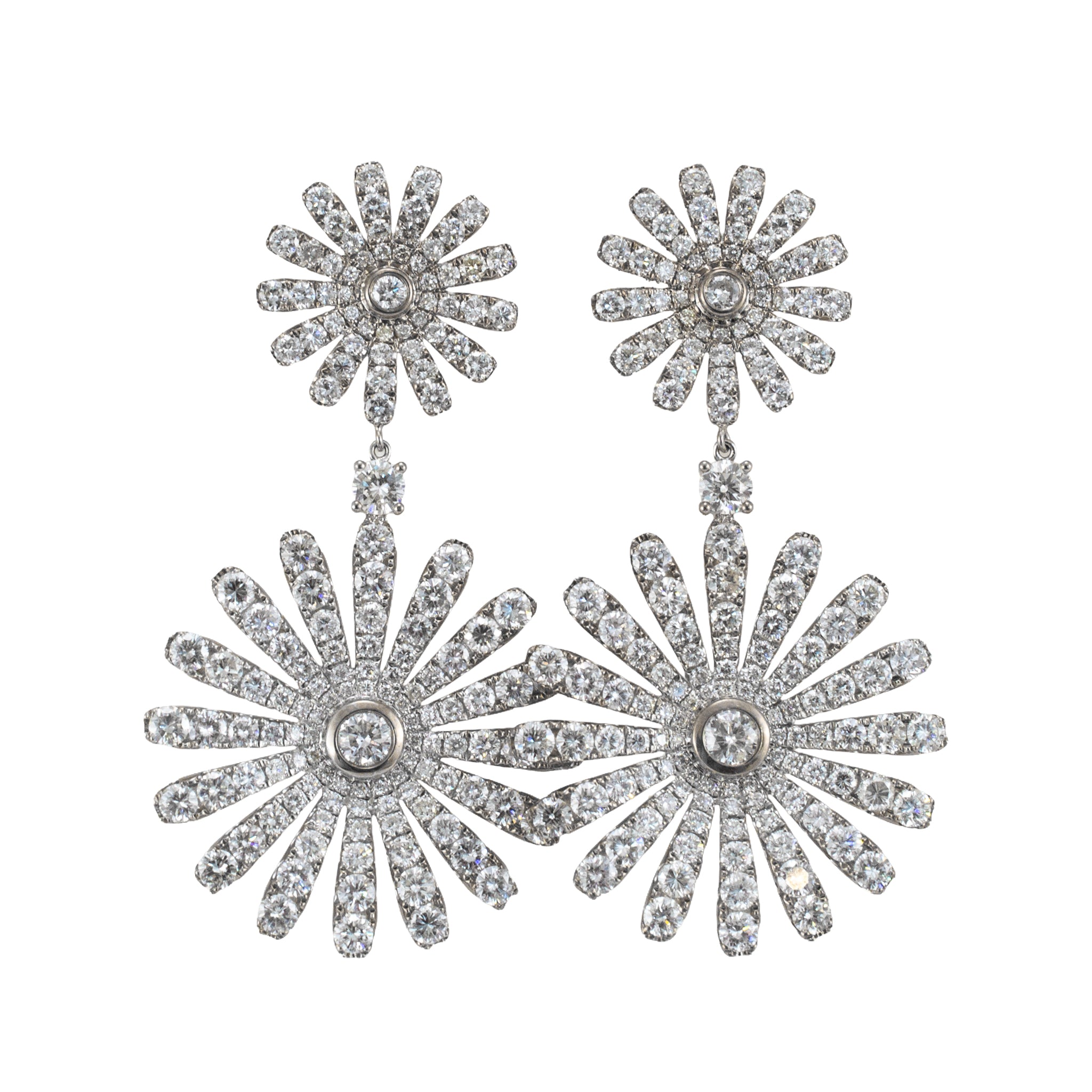18K White Gold 13.00ctw Round Cut Diamond Sunburst Double Eschle Dangle Earrings