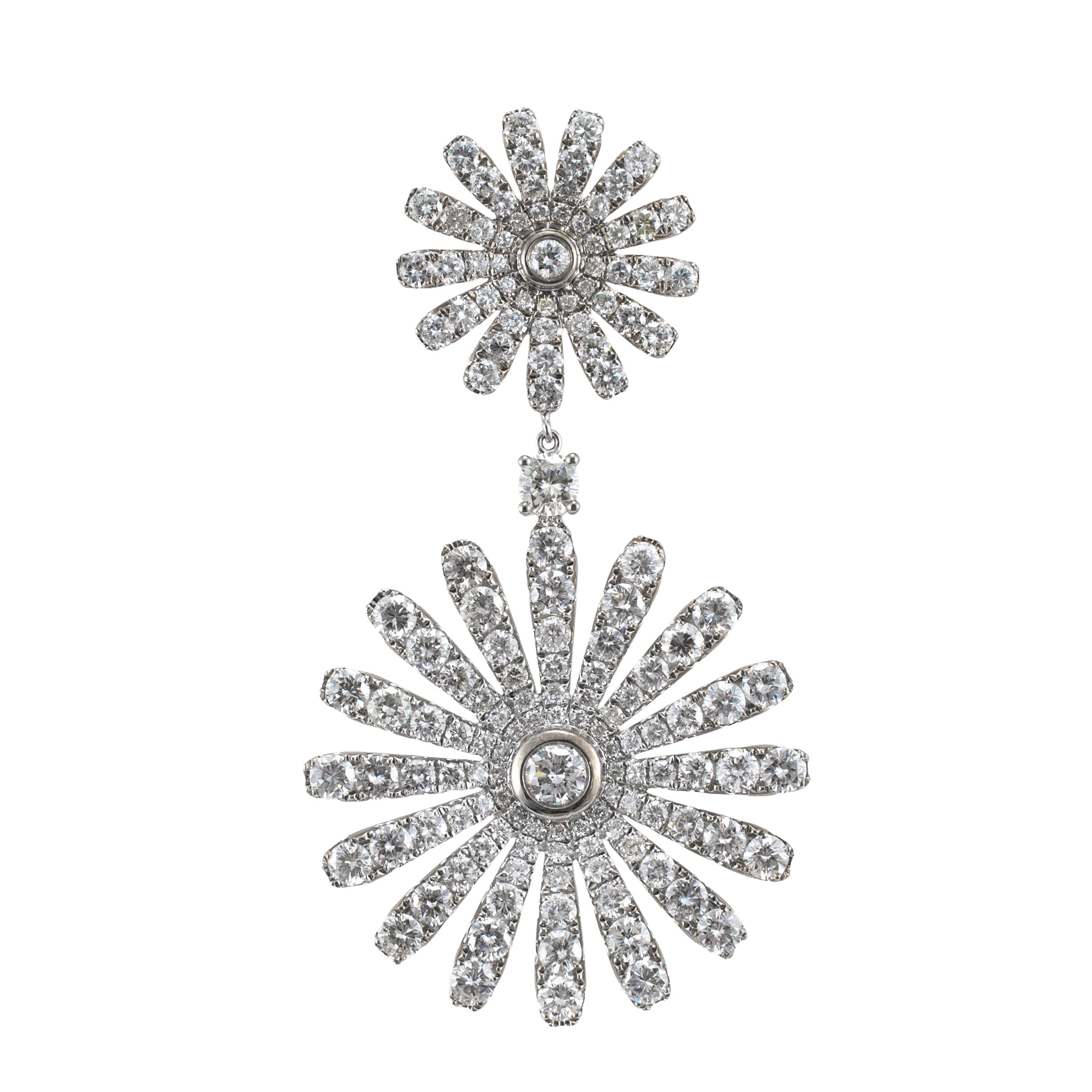 18K White Gold 13.00ctw Round Cut Diamond Sunburst Double Eschle Dangle Earrings
