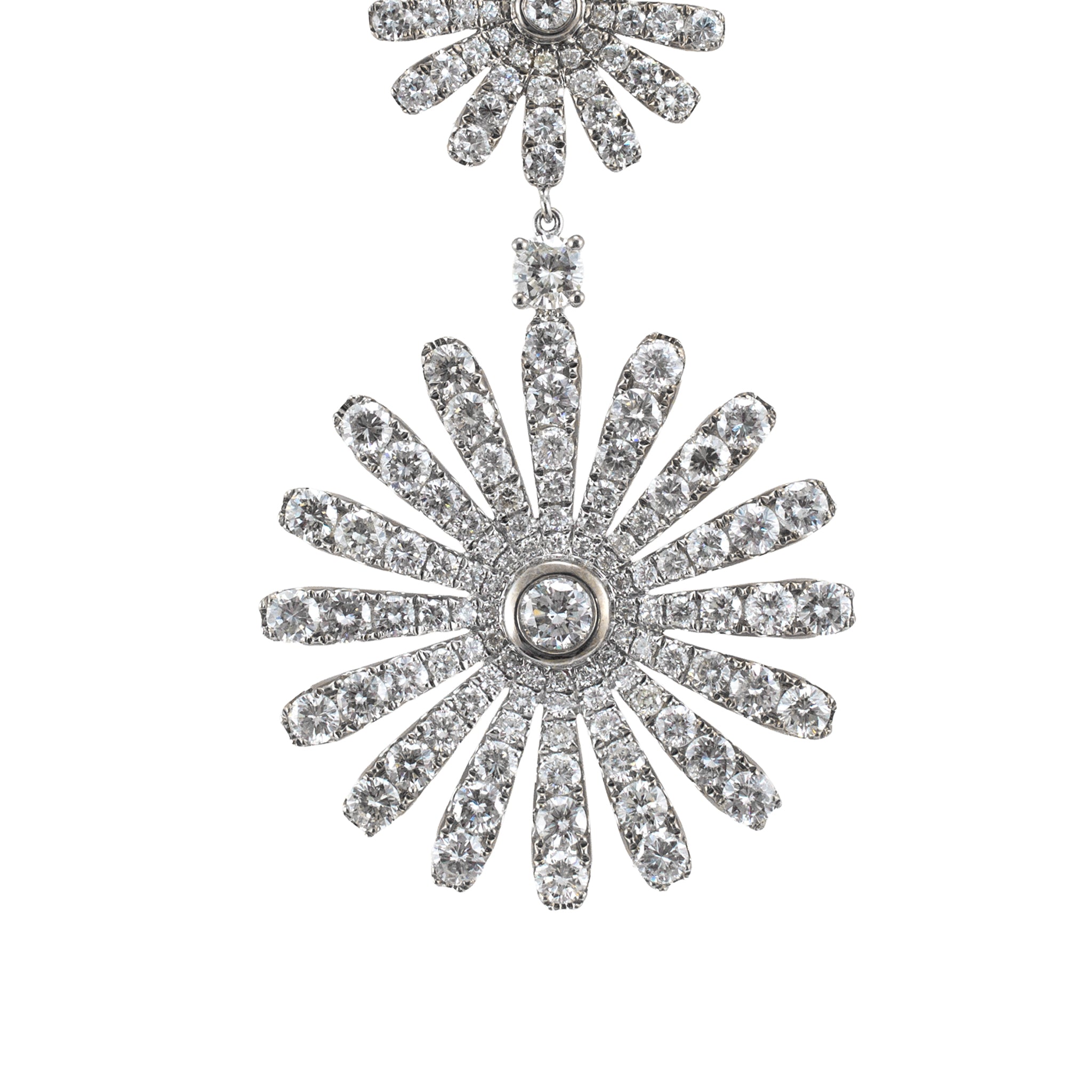 18K White Gold 13.00ctw Round Cut Diamond Sunburst Double Eschle Dangle Earrings