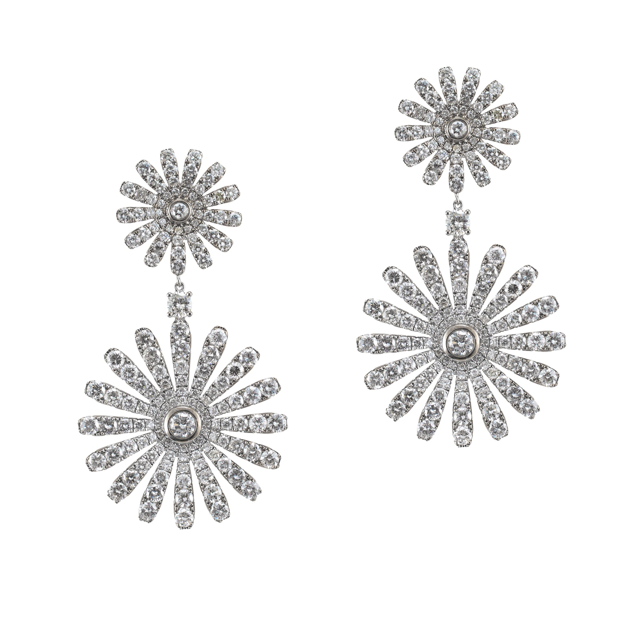 18K White Gold 13.00ctw Round Cut Diamond Sunburst Double Eschle Dangle Earrings