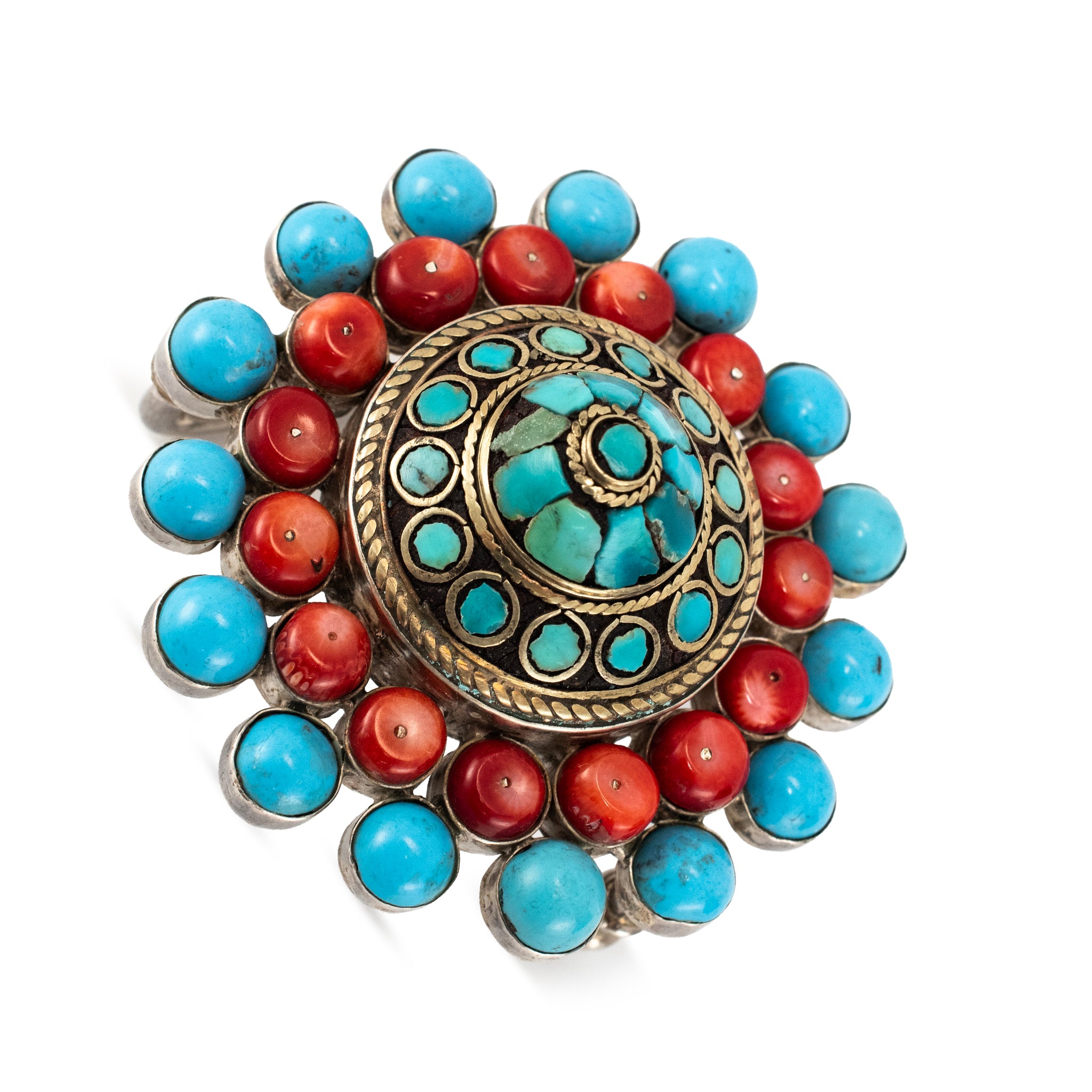 Vintage Native American Sterling Silver Turquoise Coral Mosaic Belt Buckle