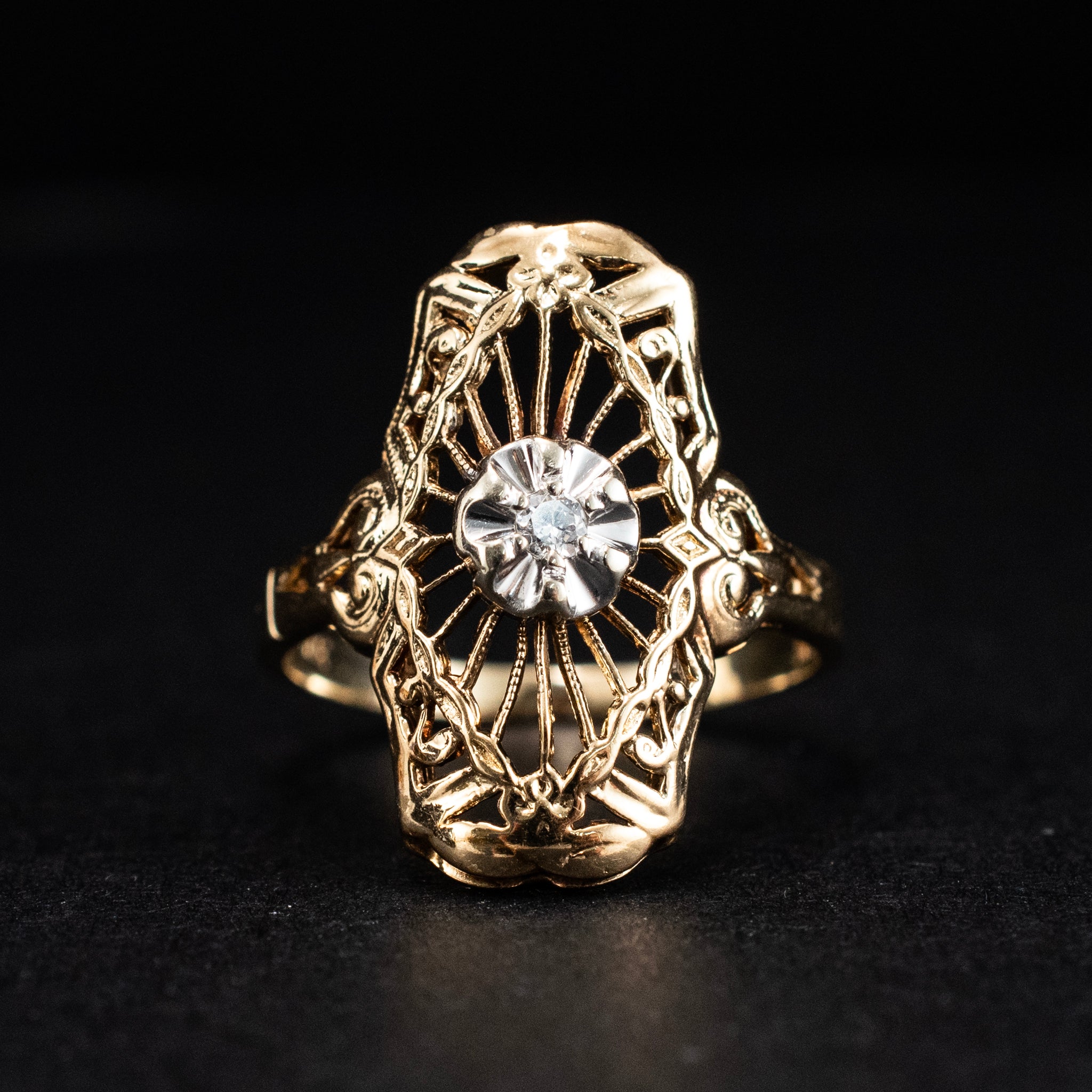 Cocktail & Statement Ring Filigree with Diamonds 10K Yellow Gold Art Deco 451932 available at DJP Jewelers & Luxury Buyers
