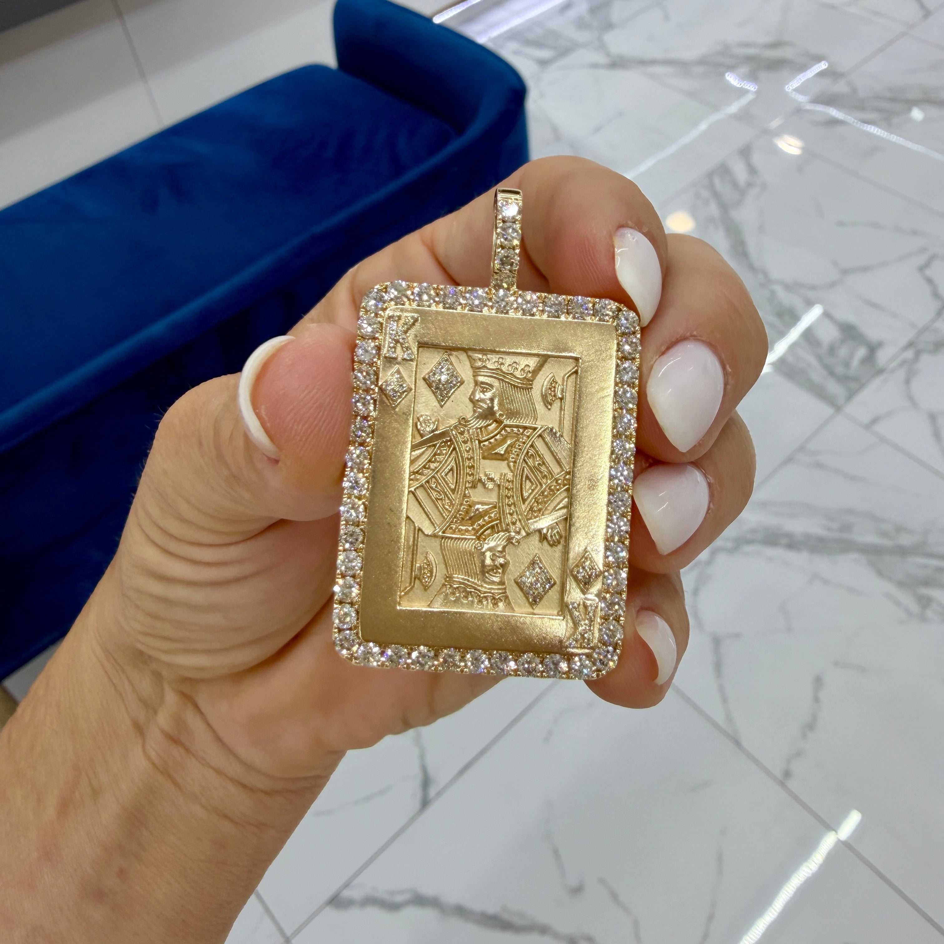 Men’s 14K Yellow Gold 2.34ct Halo Diamond King of Diamonds Card Drop Pendant