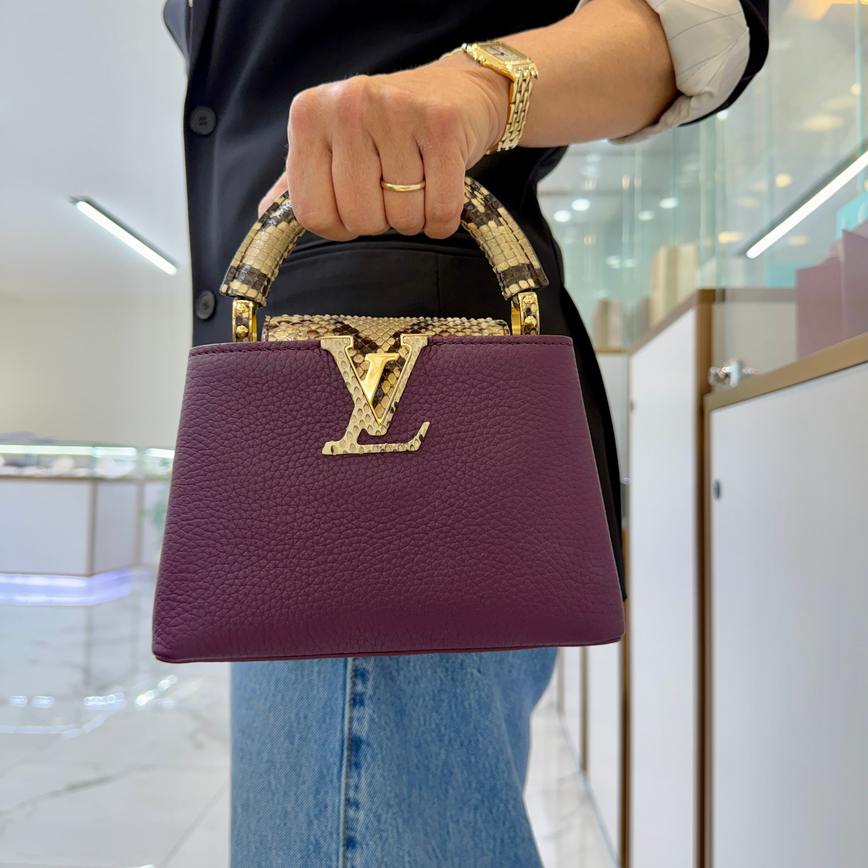 Louis Vuitton Capucines Mini Taurillon Leather Python Gold Hardware Tote Bag