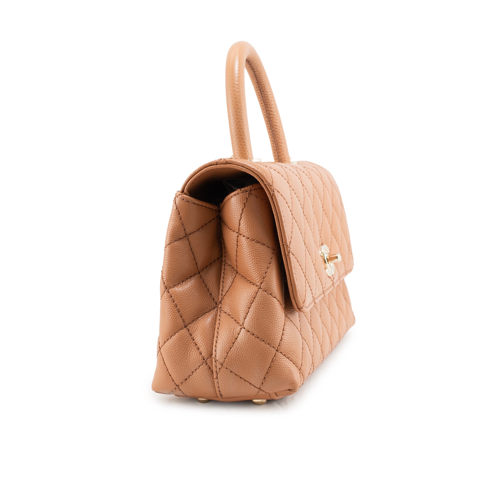 Chanel Coco Caramel Brown Quilted Caviar Leather Mini Flap Top Handle Bag