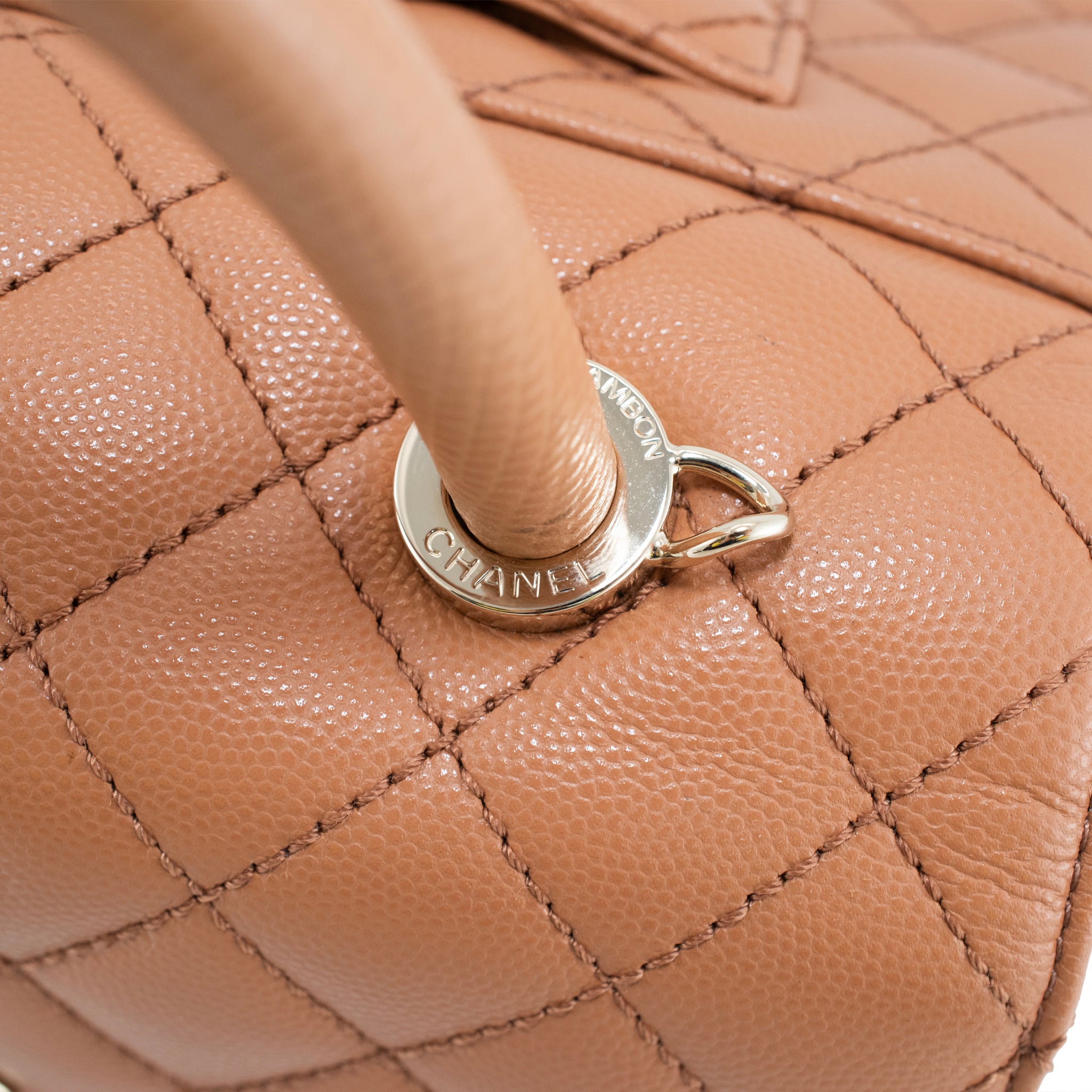 Chanel Coco Caramel Brown Quilted Caviar Leather Mini Flap Top Handle Bag