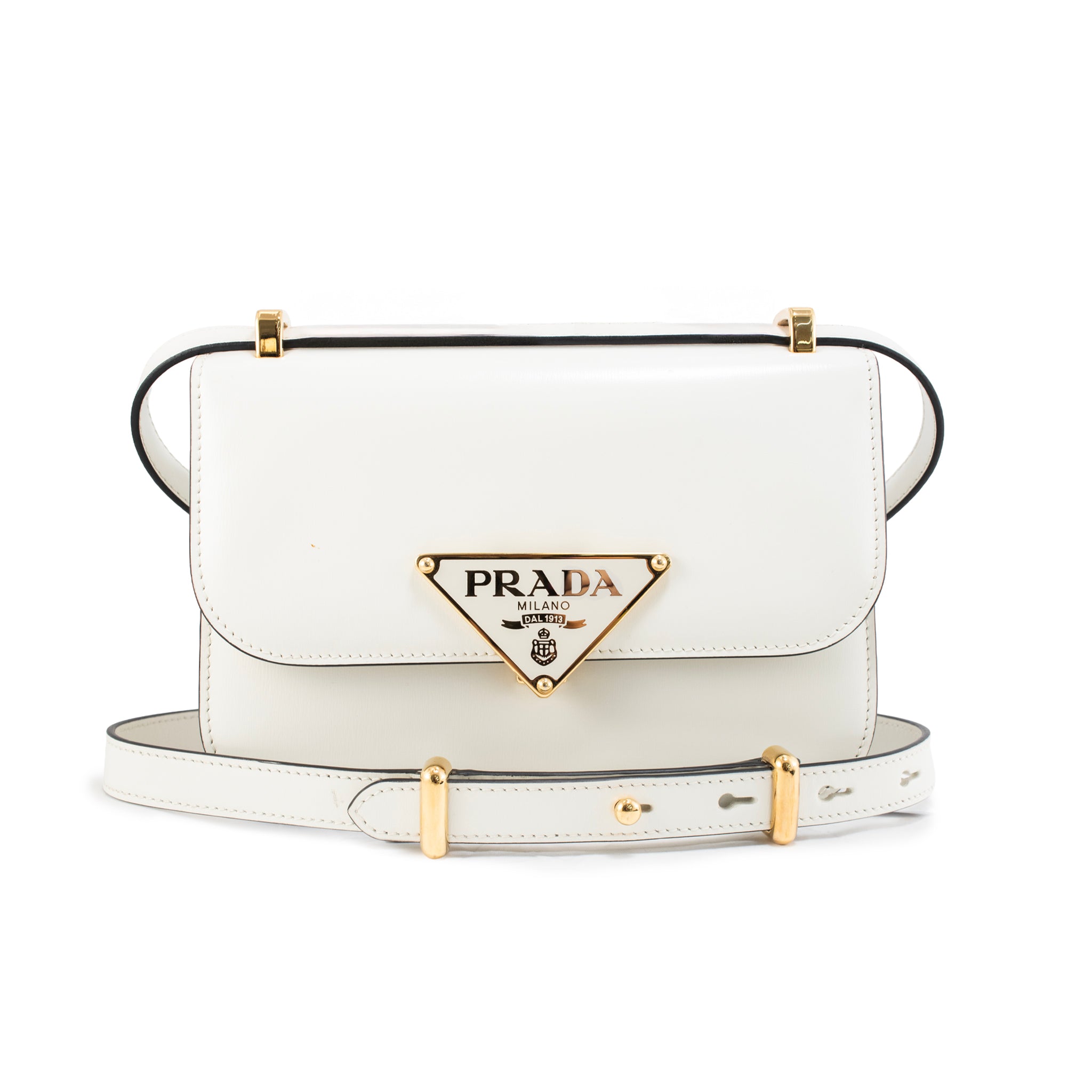Prada White Soft Calfskin Triangle Logo Gold Hardware Flap Shoulder Bag