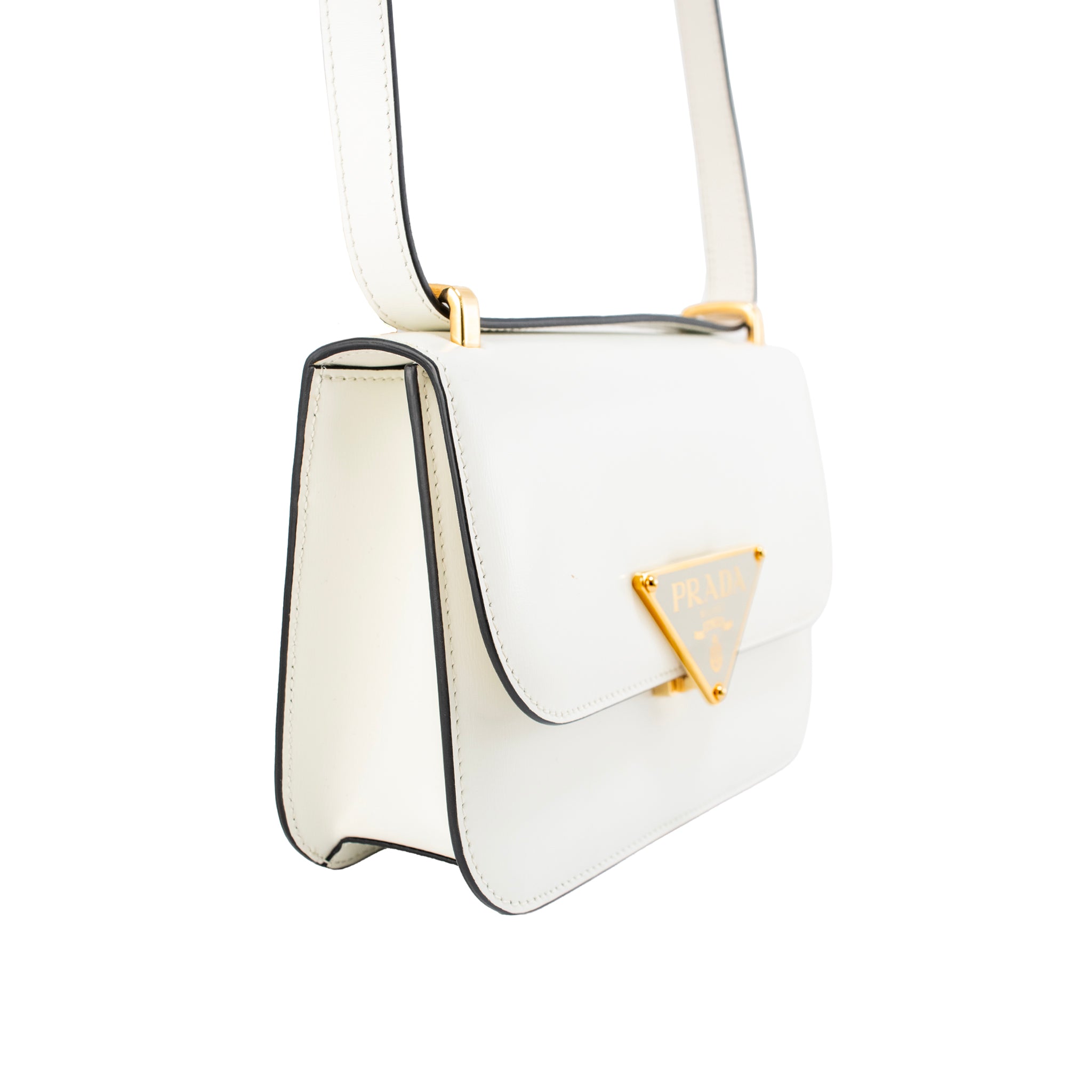 Prada White Soft Calfskin Triangle Logo Gold Hardware Flap Shoulder Bag
