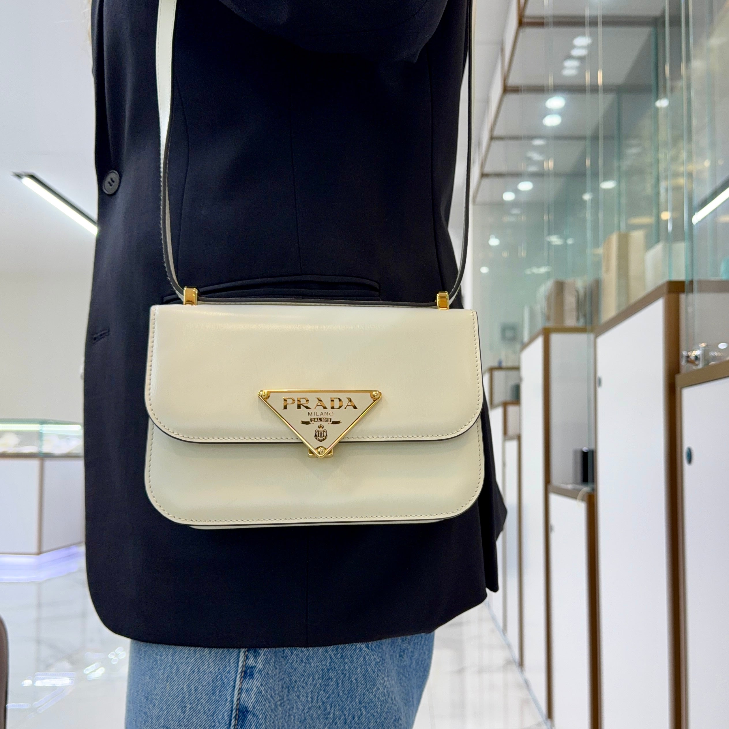 Prada White Soft Calfskin Triangle Logo Gold Hardware Flap Shoulder Bag