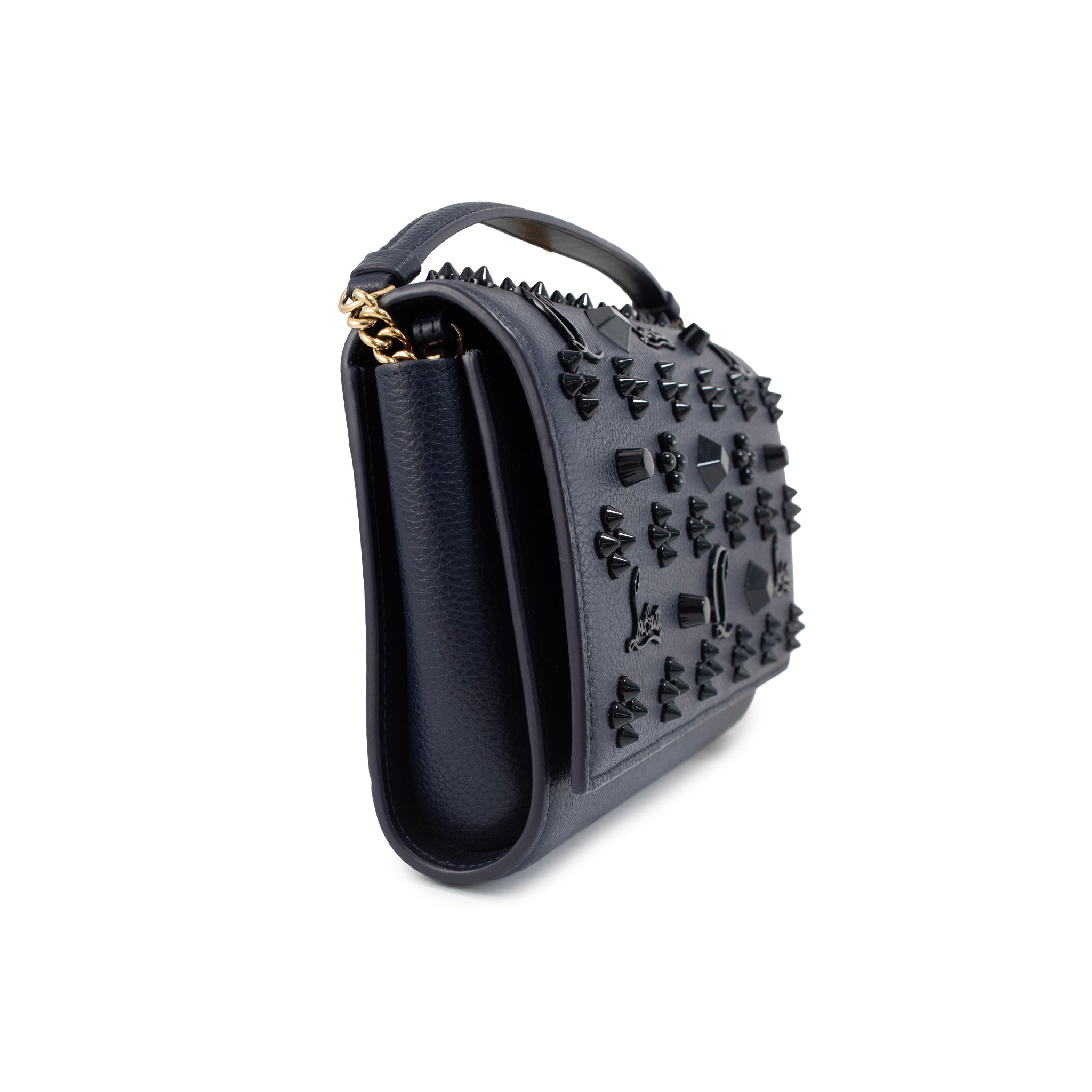 Christian Louboutin Paloma Navy Leather Spike Gold Hardware Crossbody Clutch Bag