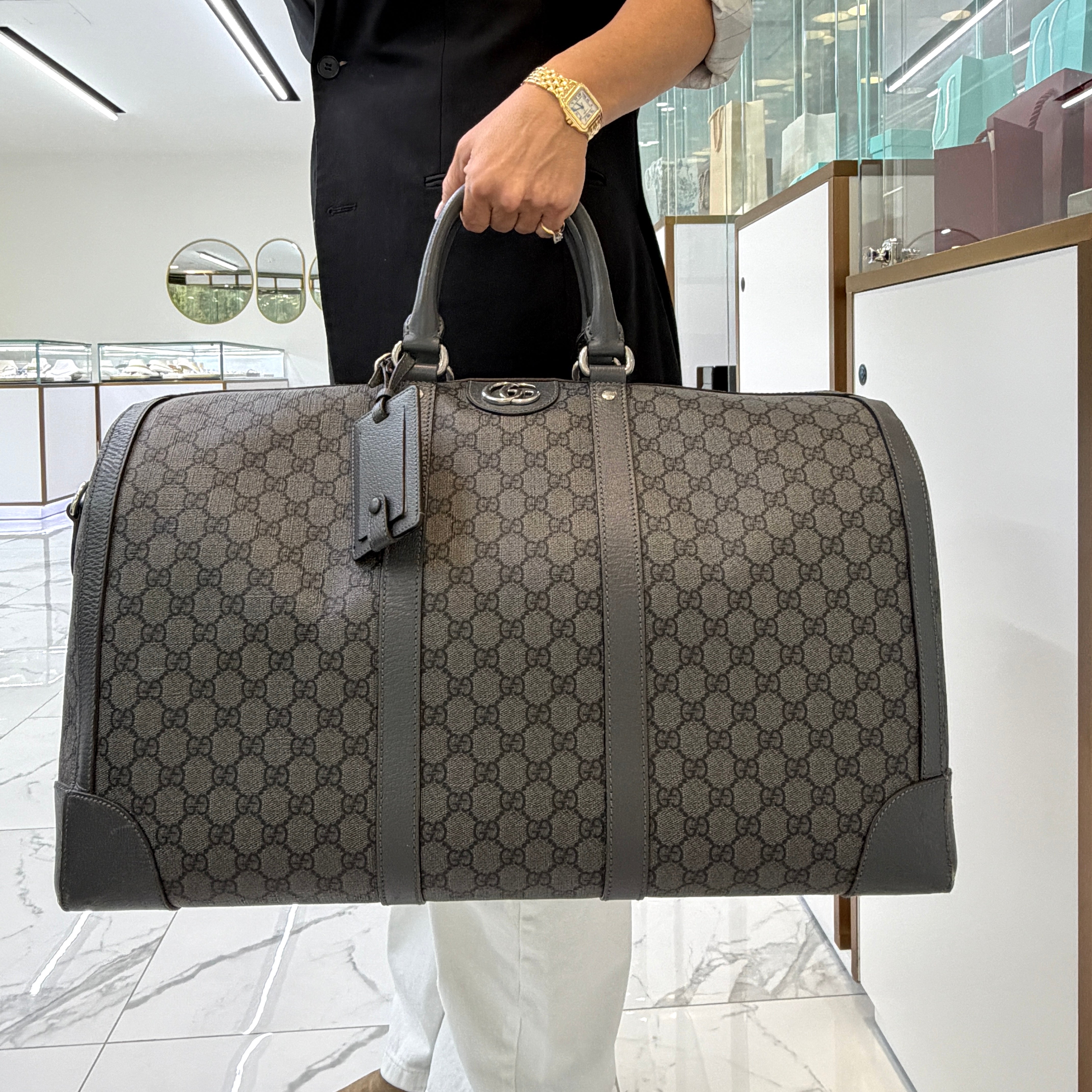 Gucci Ophidia Gg Supreme Coated Canvas and Leather Black Grey Large Duffle Bag