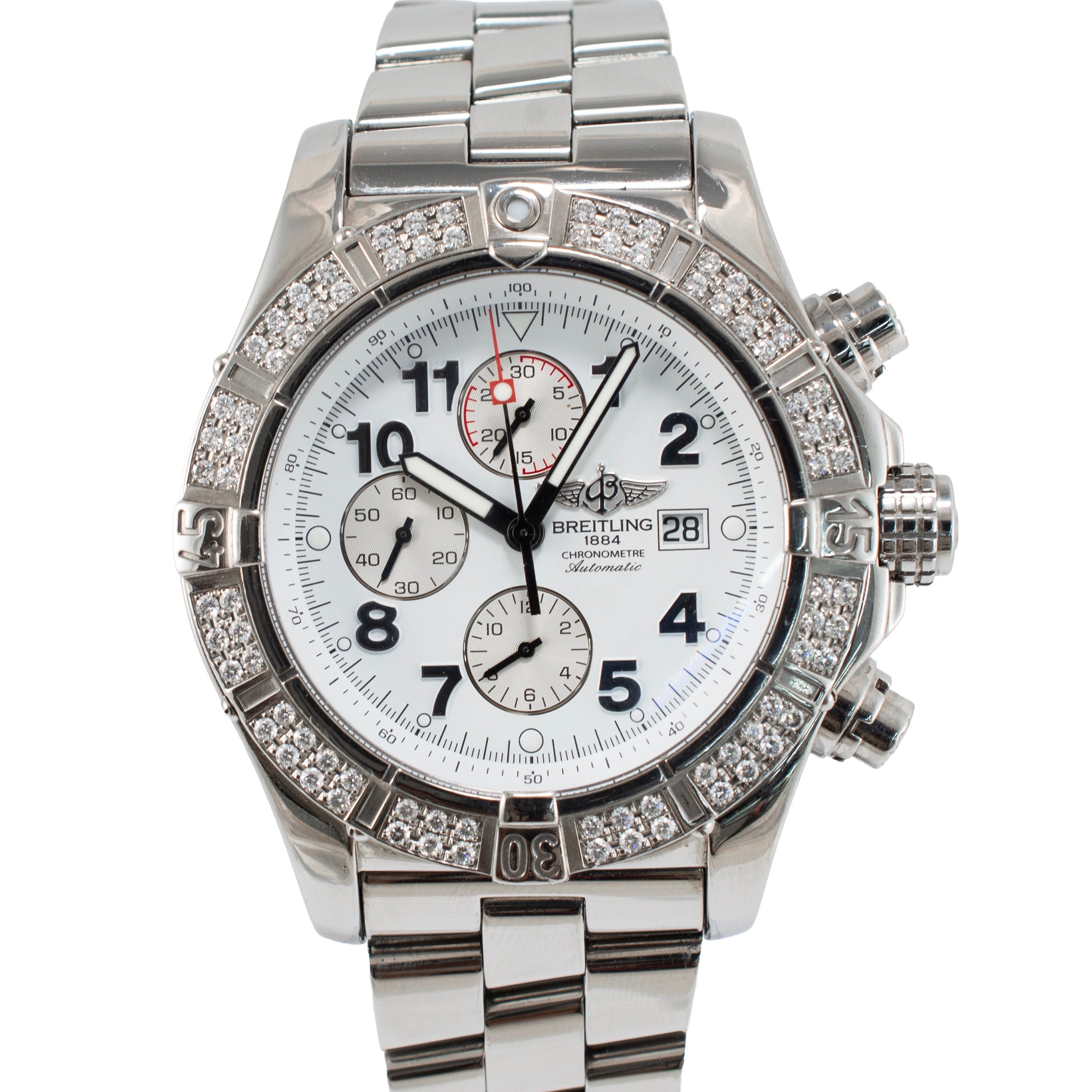 Breitling Super Avenger 48MM A13370 White Dial Diamond Bezel Chrono Steel Watch