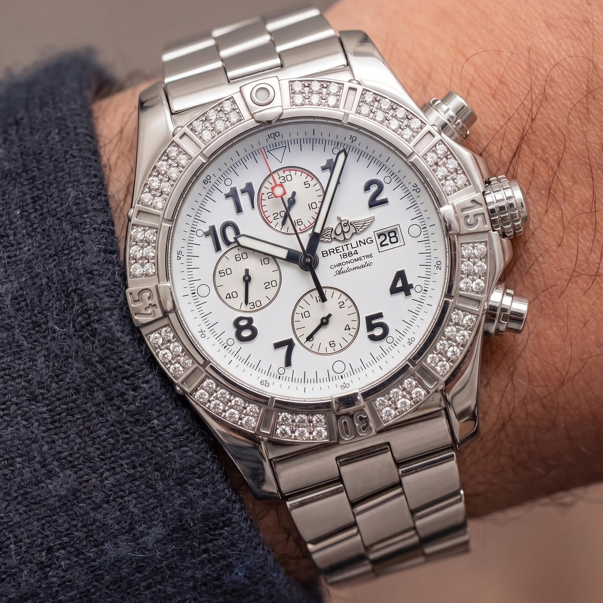 Breitling Super Avenger 48MM A13370 White Dial Diamond Bezel Chrono Steel Watch