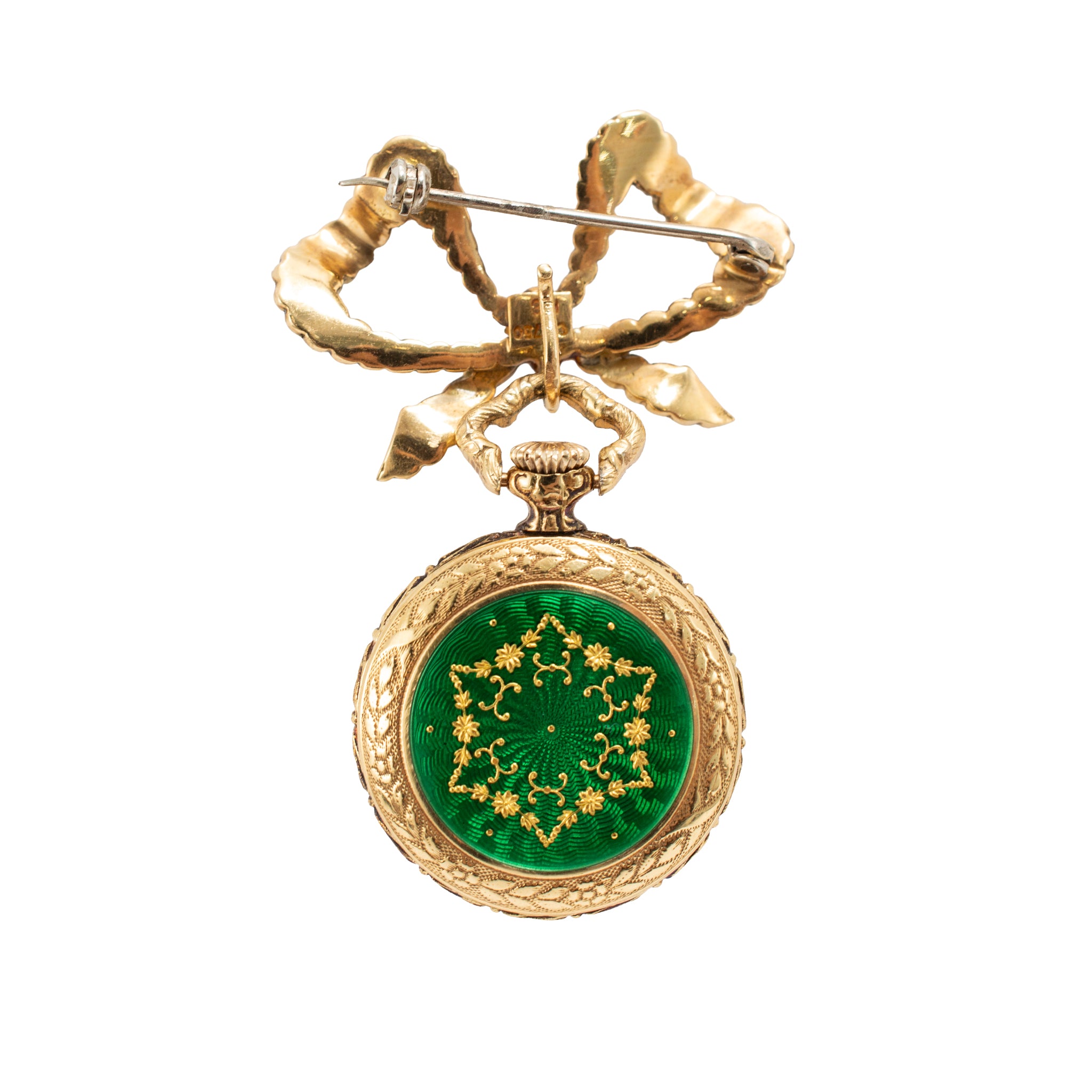 Ladies Art Nouveau Bucherer Lapel 18K Gold Enamel Bow PIN Vintage Pocket Watch