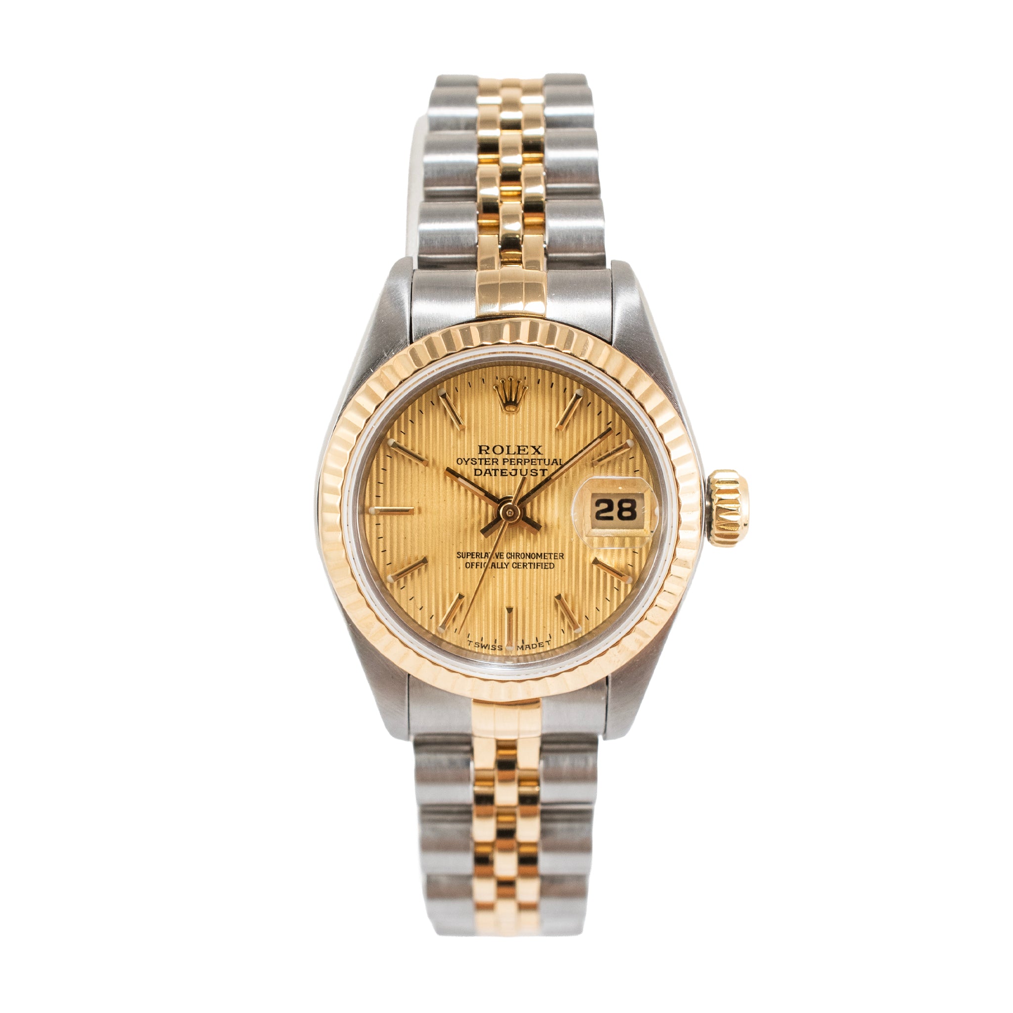 Ladies Rolex Datejust 26MM 69173 Champagne Tapestry Dial Fluted Gold Steel Watch