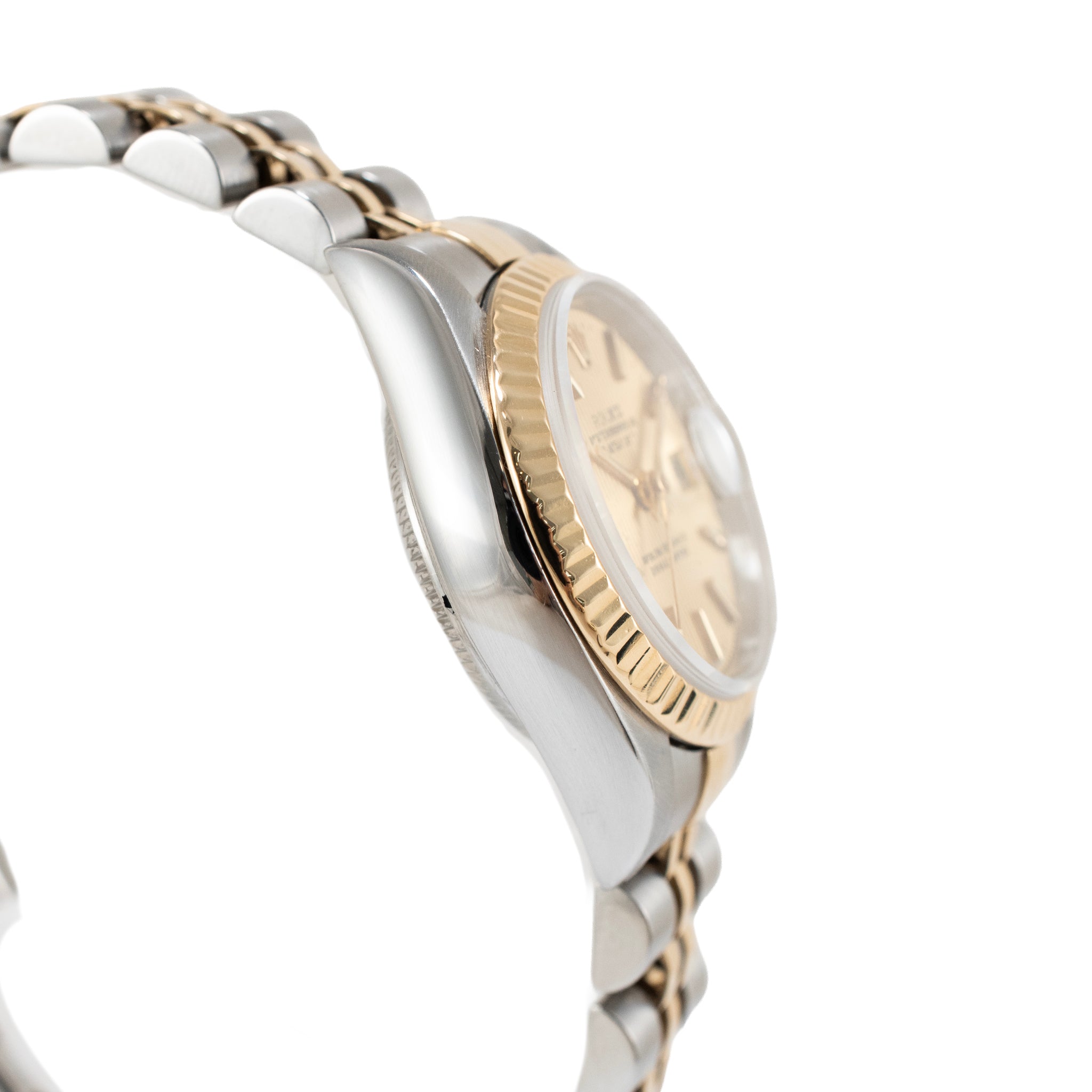 Ladies Rolex Datejust 26MM 69173 Champagne Tapestry Dial Fluted Gold Steel Watch