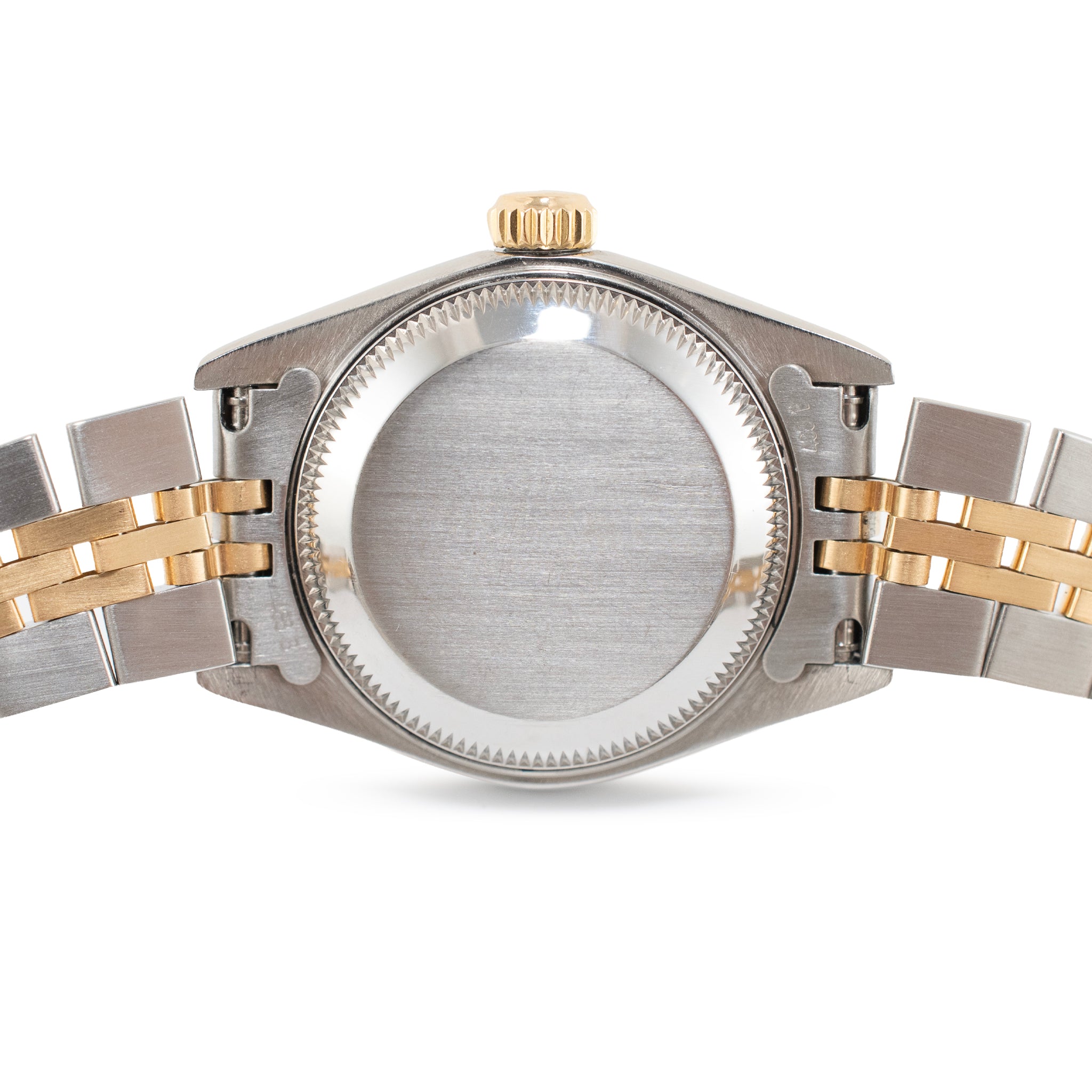 Ladies Rolex Datejust 26MM 69173 Champagne Tapestry Dial Fluted Gold Steel Watch