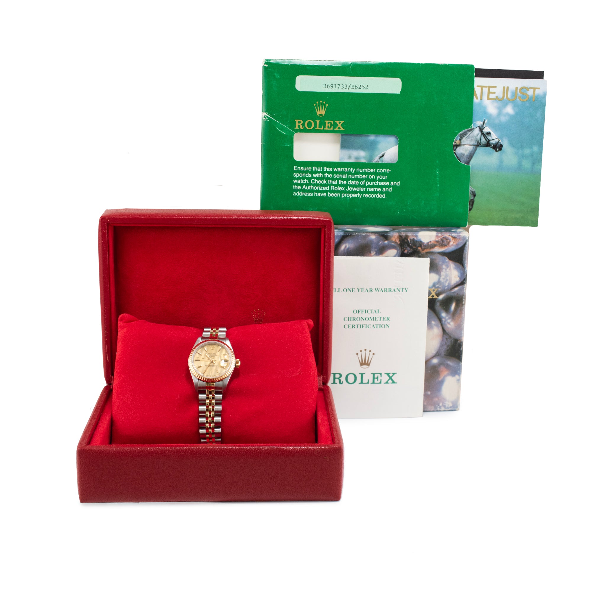 Ladies Rolex Datejust 26MM 69173 Champagne Tapestry Dial Fluted Gold Steel Watch
