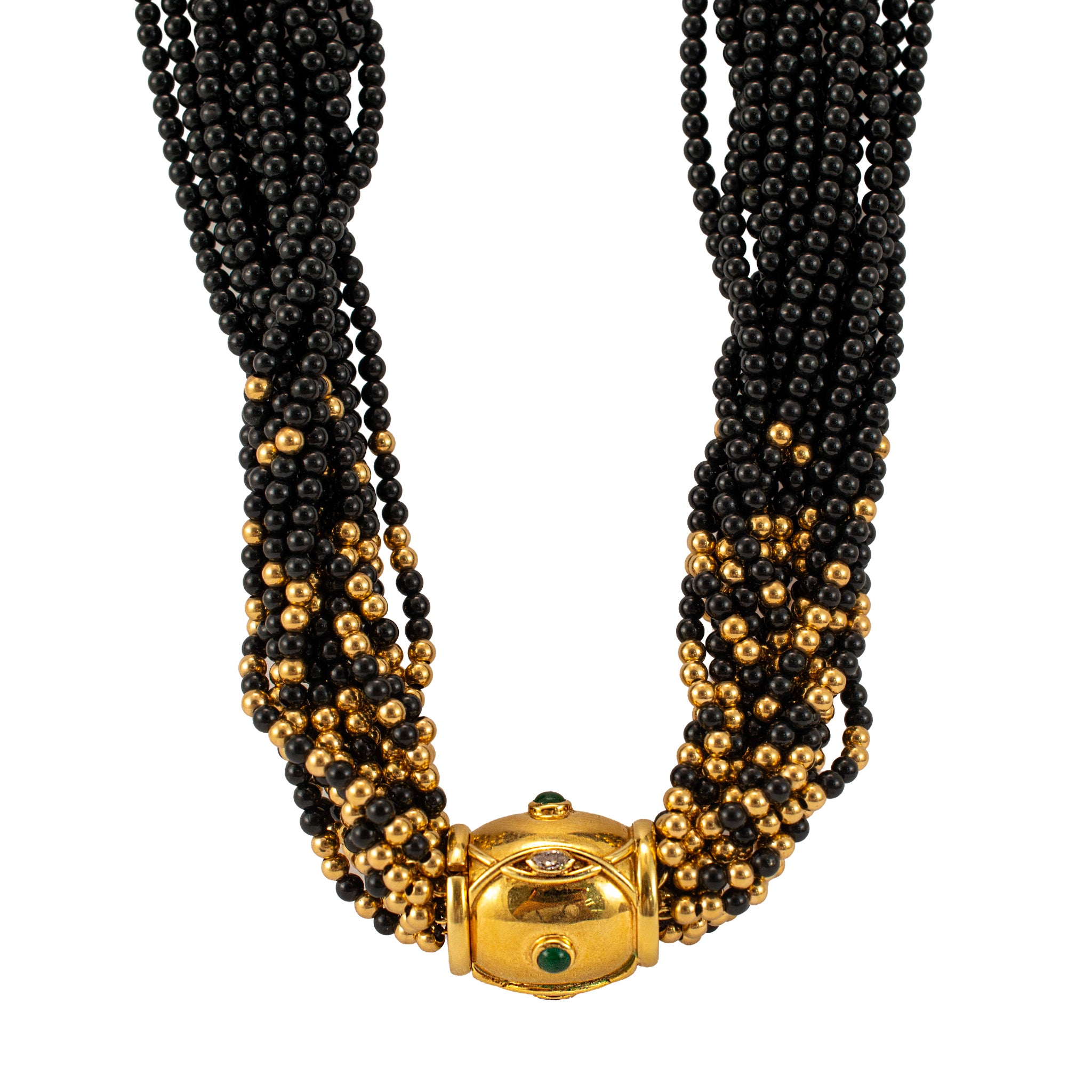 Vintage 14K Yellow Gold Emerald Diamond Multi Strand Onyx Bead Pendant Necklace