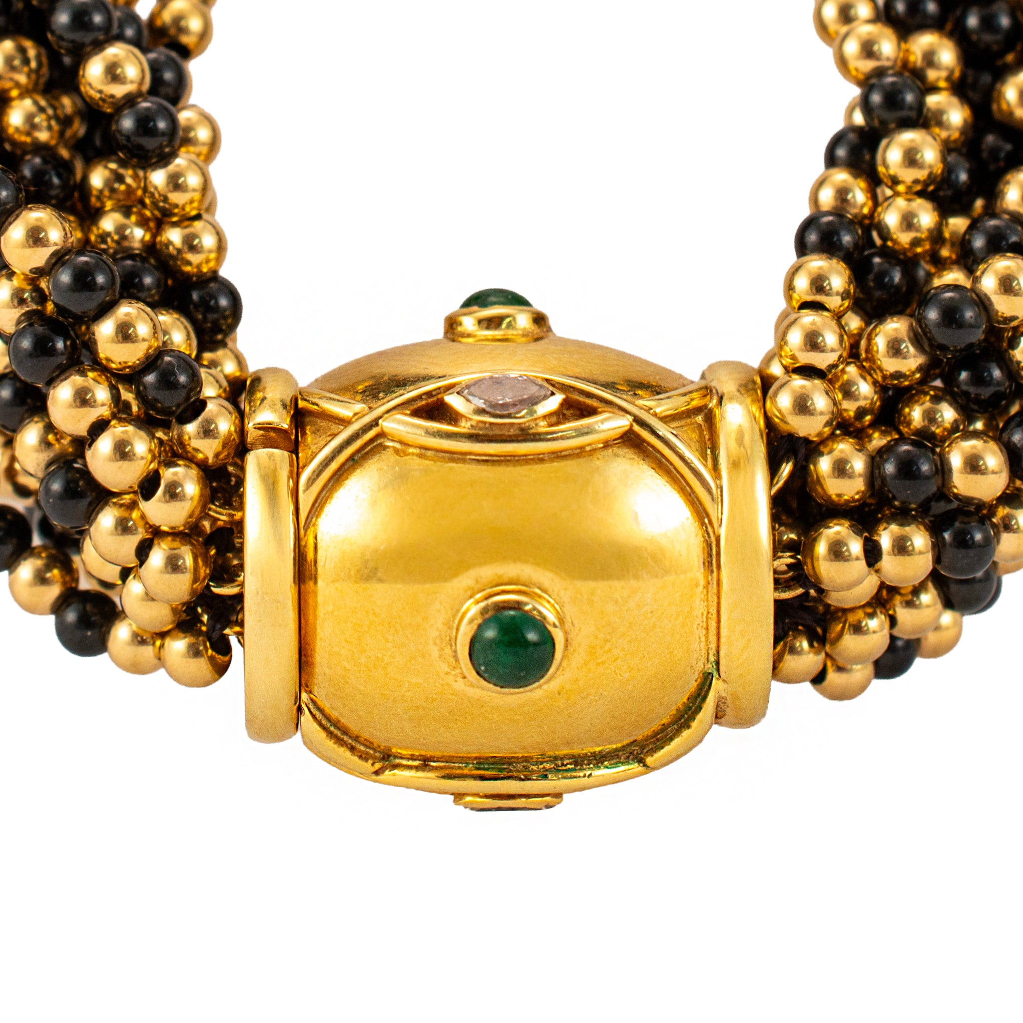 Vintage 14K Yellow Gold Emerald Diamond Multi Strand Onyx Bead Pendant Necklace