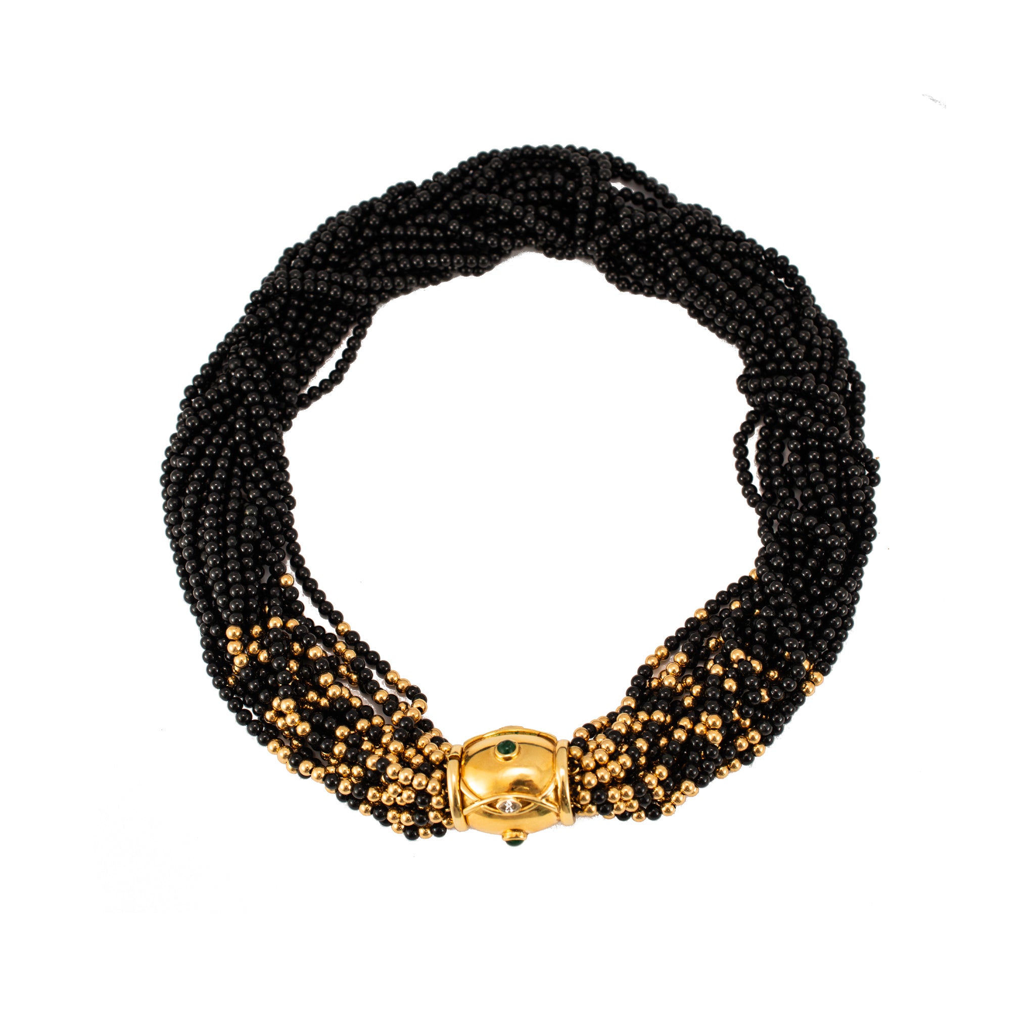 Vintage 14K Yellow Gold Emerald Diamond Multi Strand Onyx Bead Pendant Necklace