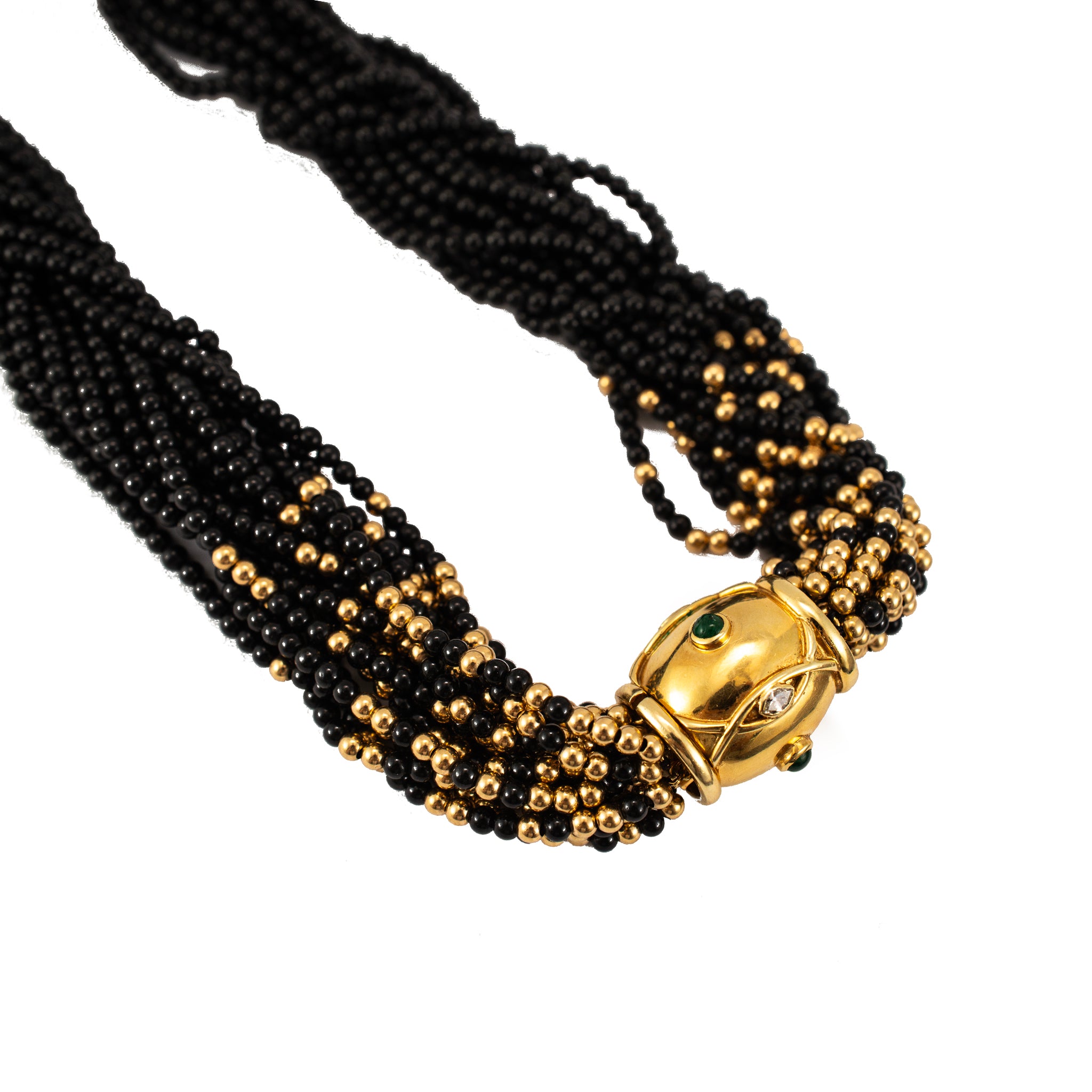 Vintage 14K Yellow Gold Emerald Diamond Multi Strand Onyx Bead Pendant Necklace