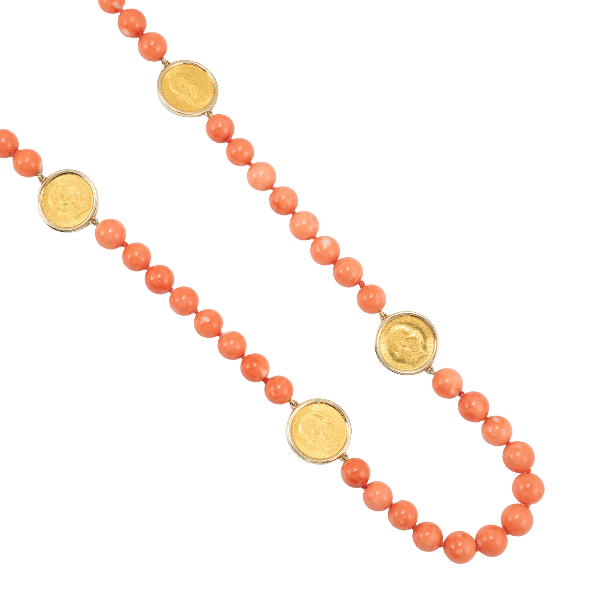 Vintage 18K Yellow Gold 1915 23K Austrian Gold Coin Coral Bead Station Necklace