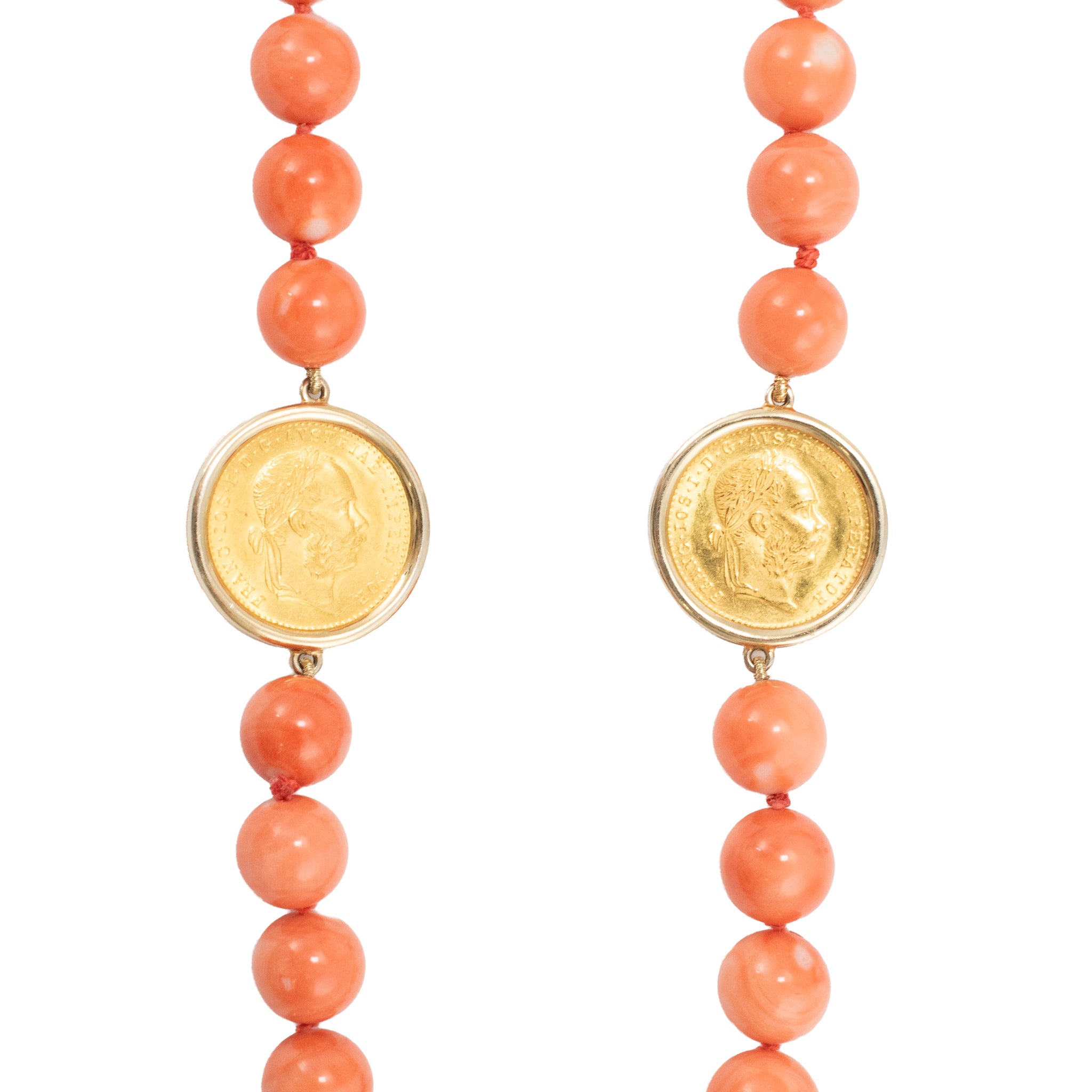 Vintage 18K Yellow Gold 1915 23K Austrian Gold Coin Coral Bead Station Necklace
