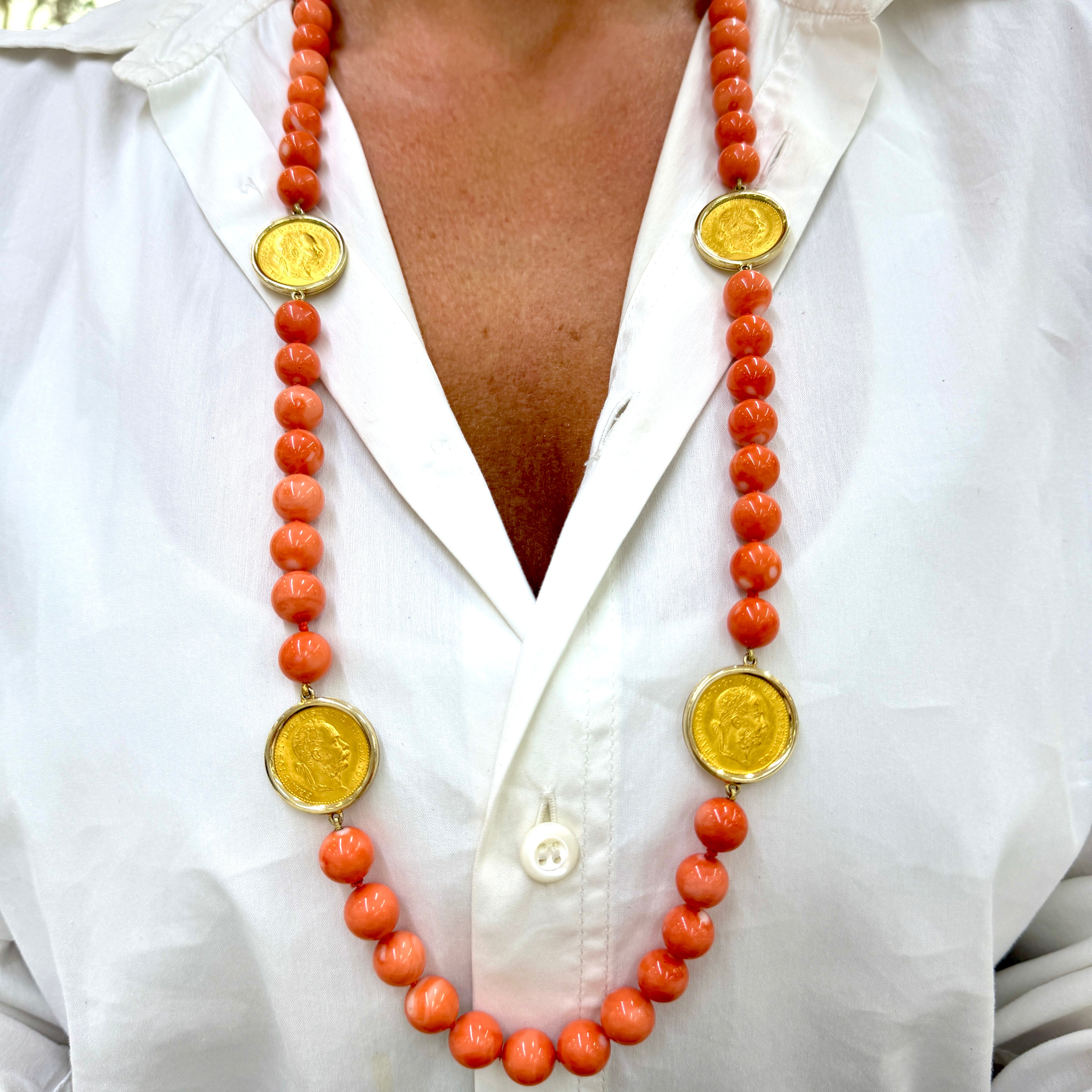 Vintage 18K Yellow Gold 1915 23K Austrian Gold Coin Coral Bead Station Necklace