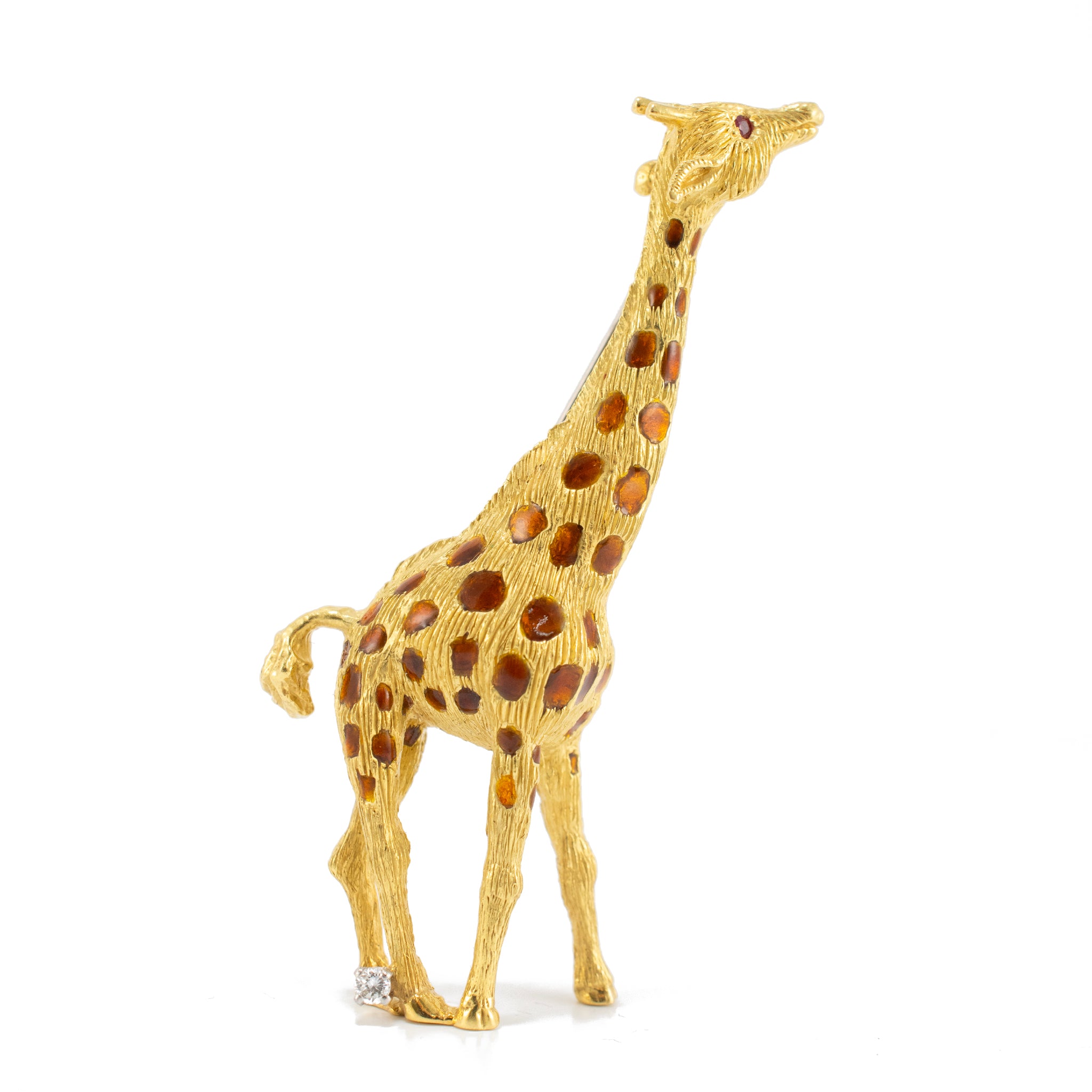 Vintage 18K Yellow Gold Brown Enamel Ruby Eyes Diamond Leg Giraffe PIN Brooch