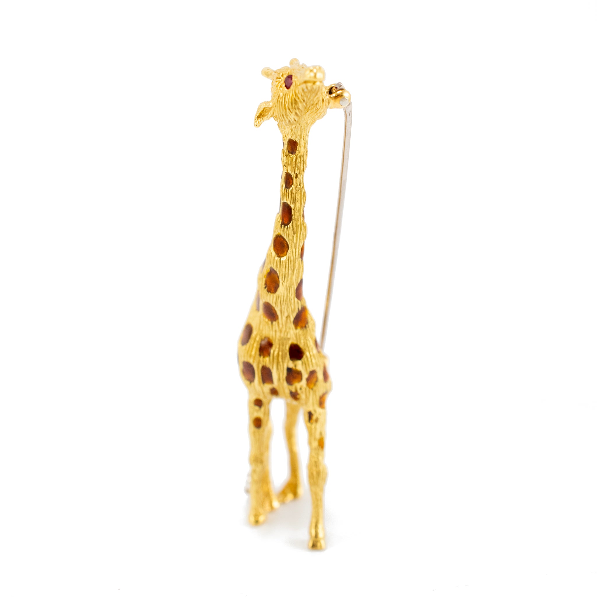 Vintage 18K Yellow Gold Brown Enamel Ruby Eyes Diamond Leg Giraffe PIN Brooch