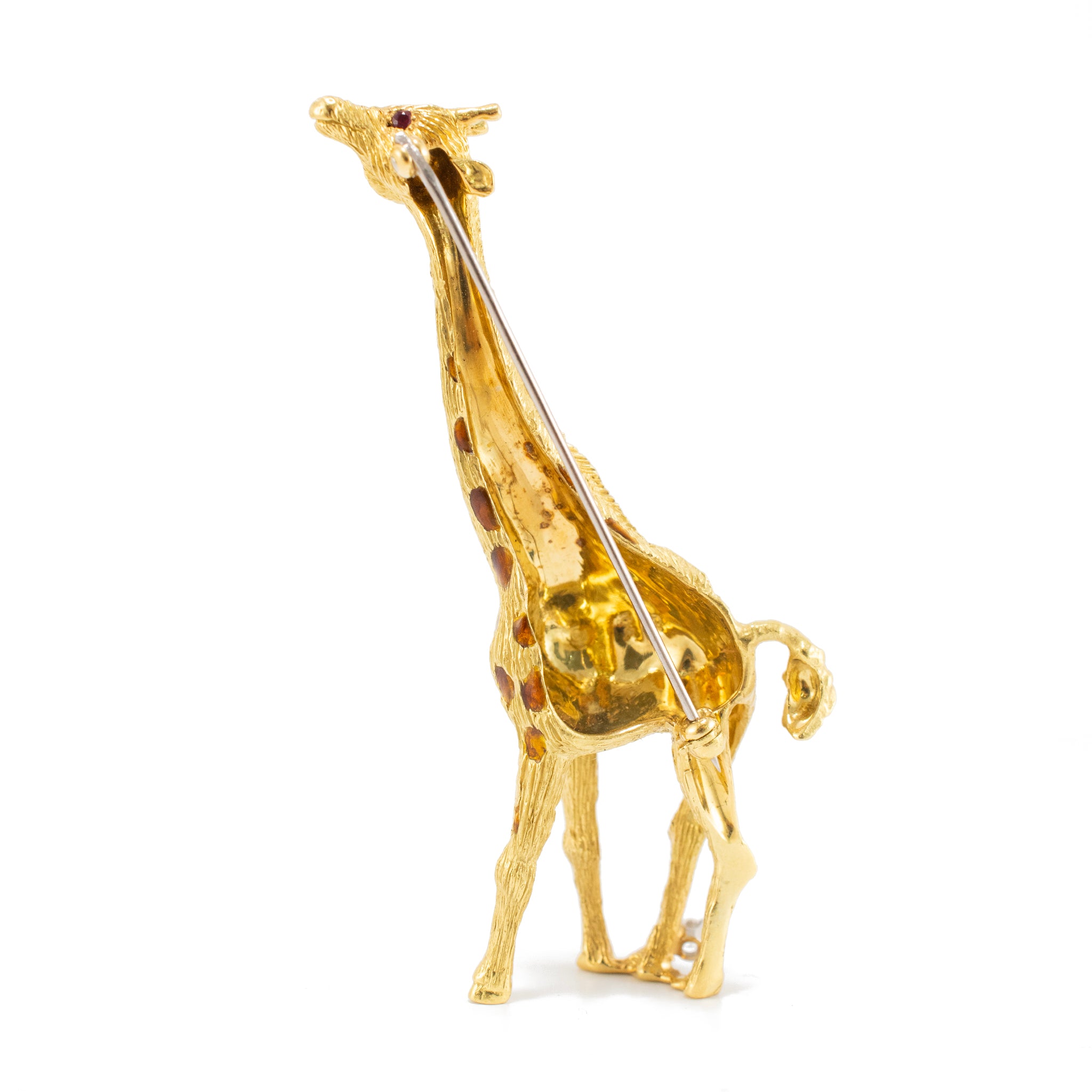 Vintage 18K Yellow Gold Brown Enamel Ruby Eyes Diamond Leg Giraffe PIN Brooch