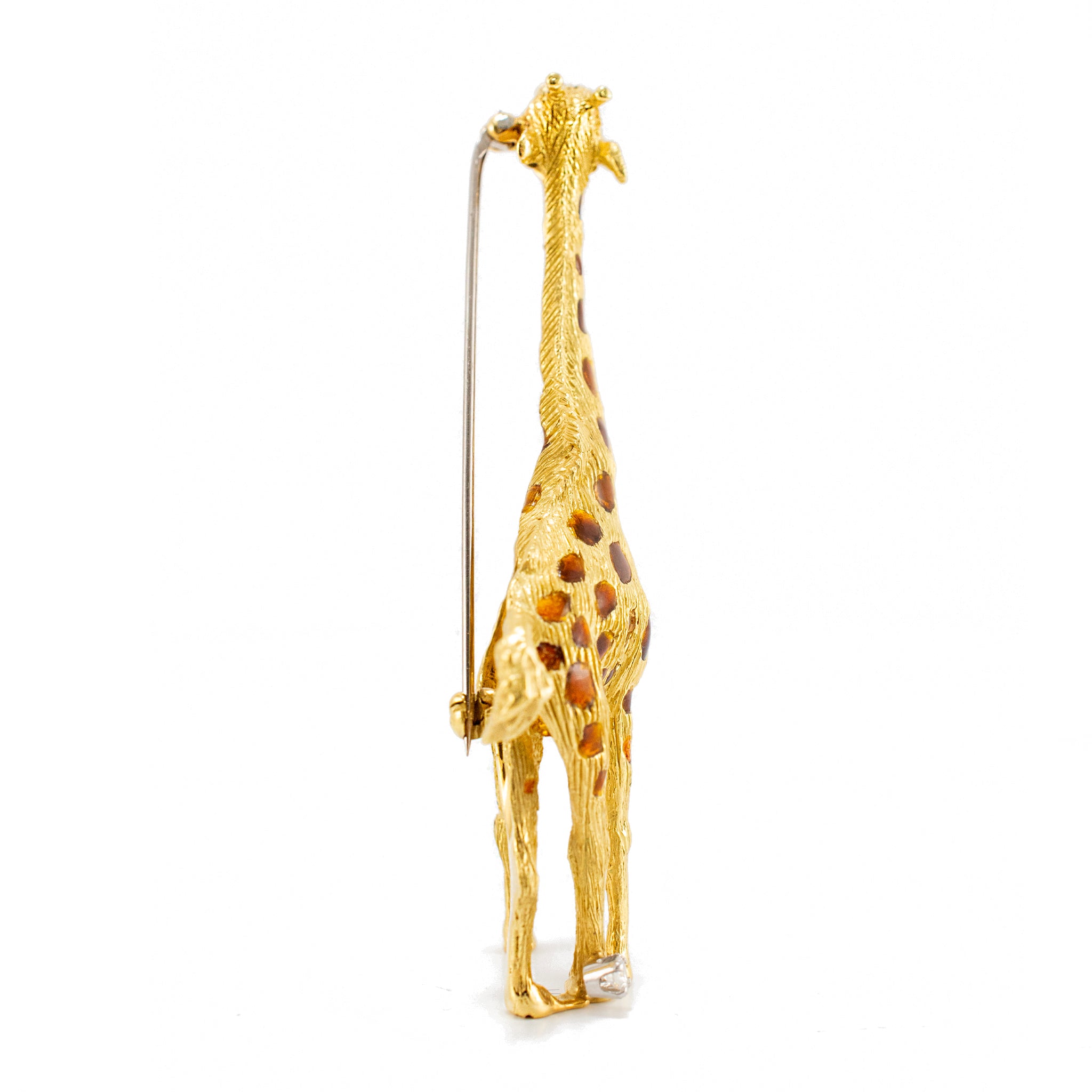 Vintage 18K Yellow Gold Brown Enamel Ruby Eyes Diamond Leg Giraffe PIN Brooch