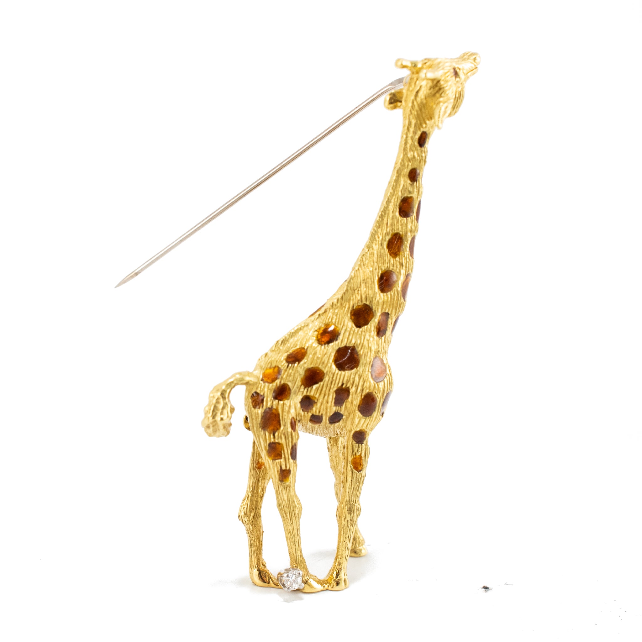 Vintage 18K Yellow Gold Brown Enamel Ruby Eyes Diamond Leg Giraffe PIN Brooch