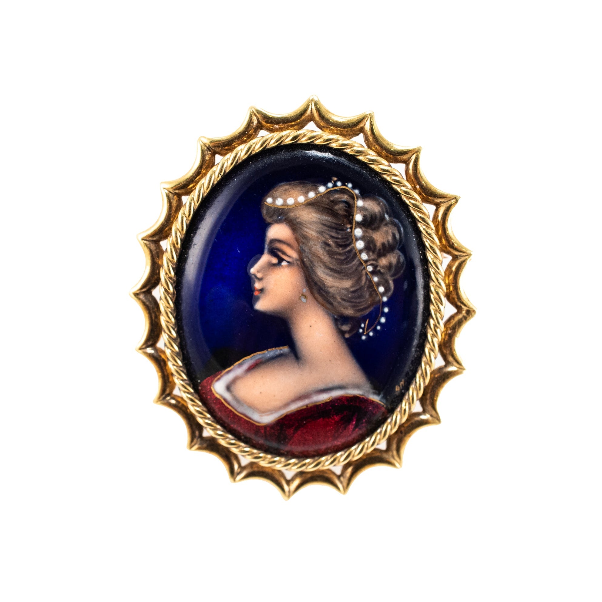 Victorian Antique French 18K Yellow Gold Enamel Lady Portrait Brooch PIN