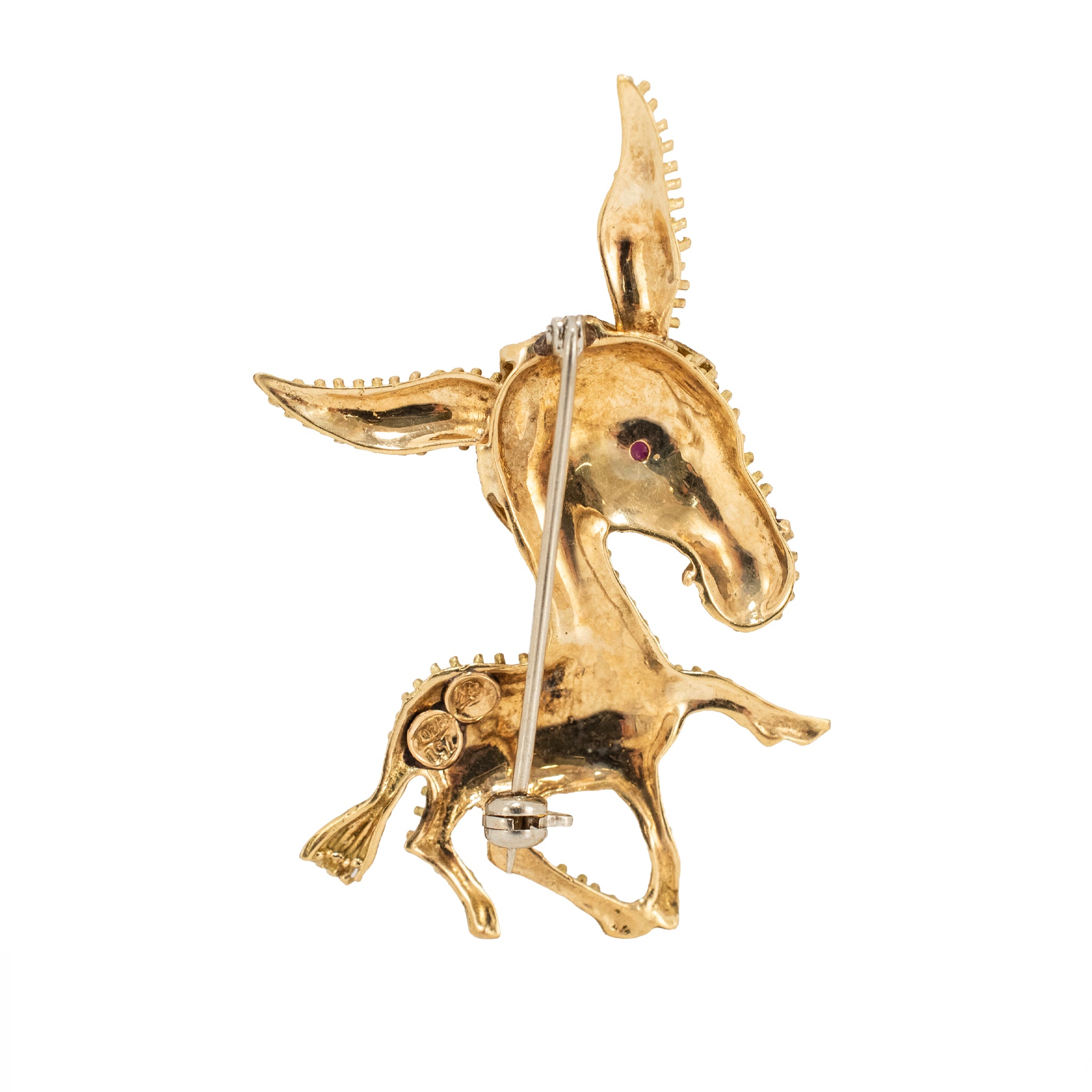 Vintage 18K Yellow Gold Pink Sapphire Dual Textured Donkey PIN Brooch