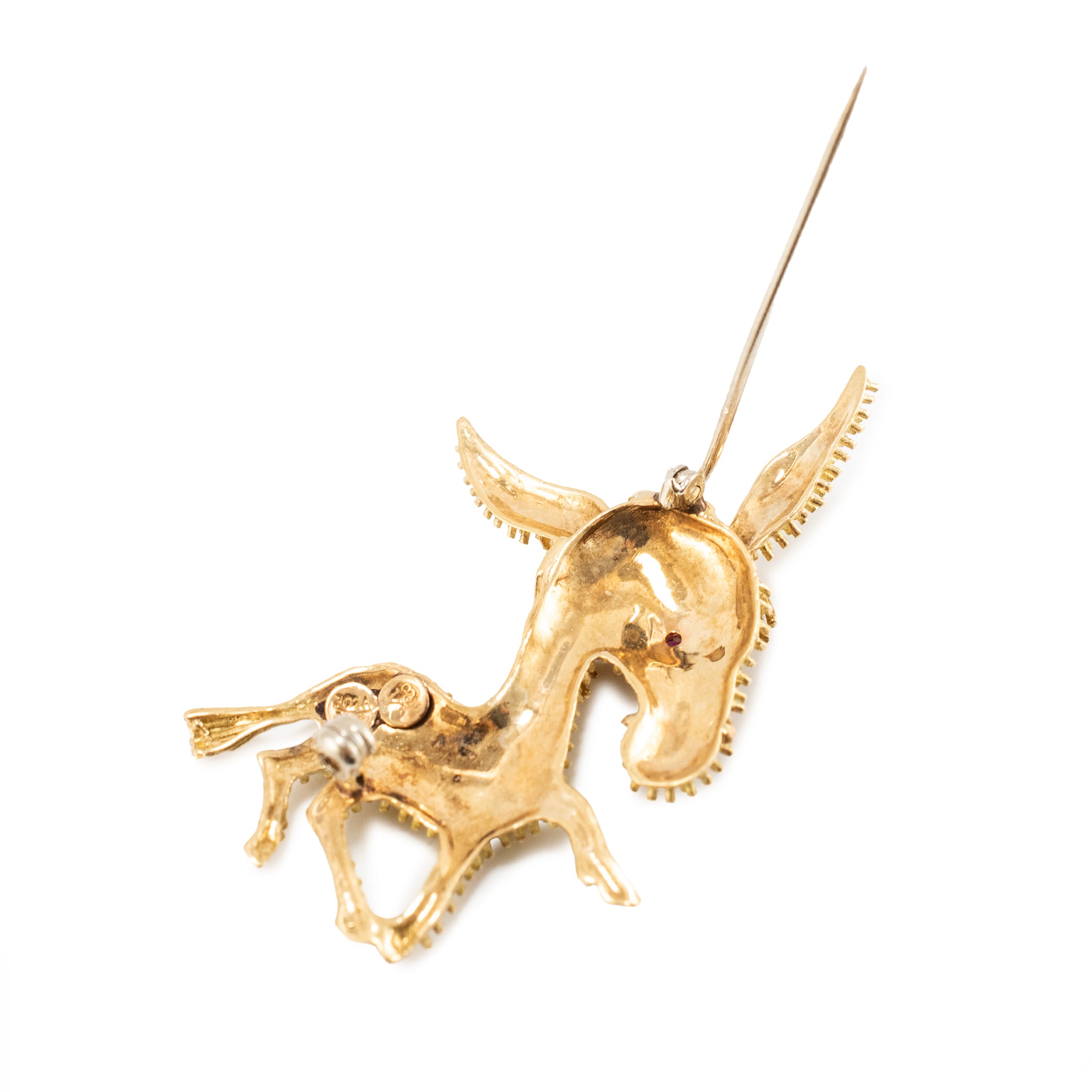 Vintage 18K Yellow Gold Pink Sapphire Dual Textured Donkey PIN Brooch