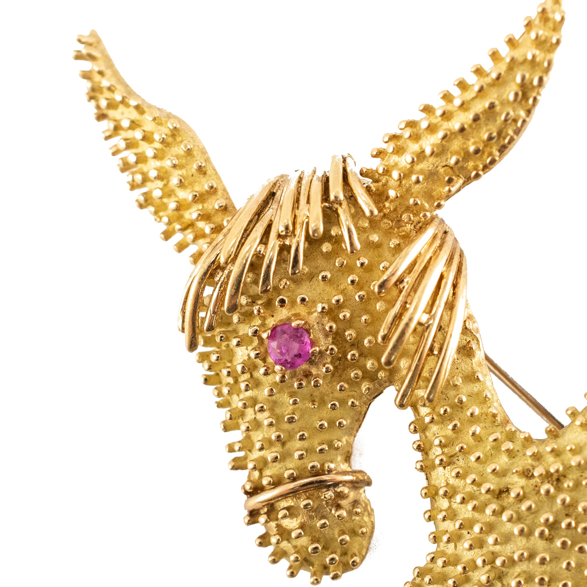 Vintage 18K Yellow Gold Pink Sapphire Dual Textured Donkey PIN Brooch
