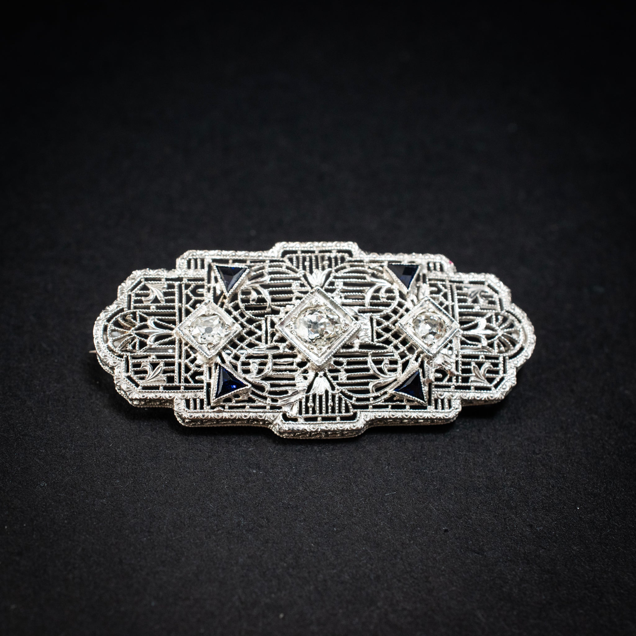 Pin & Brooch Sapphire with Diamonds 14K White Gold Art Deco 452274 available at DJP Jewelers & Luxury Buyers