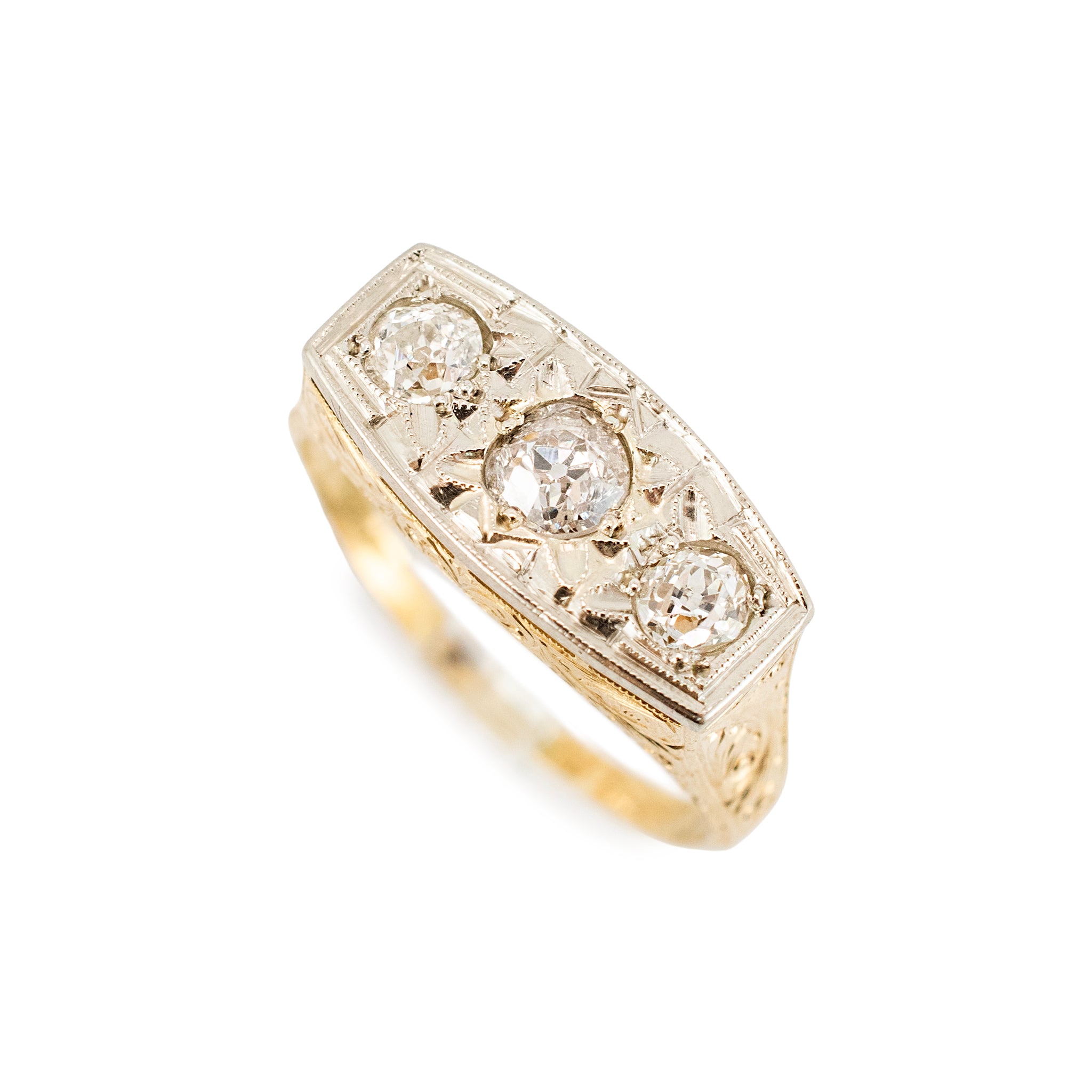 Antique Art Deco 18K & 14K Gold 0.70ct Old Diamond Three Stone Engagement Ring