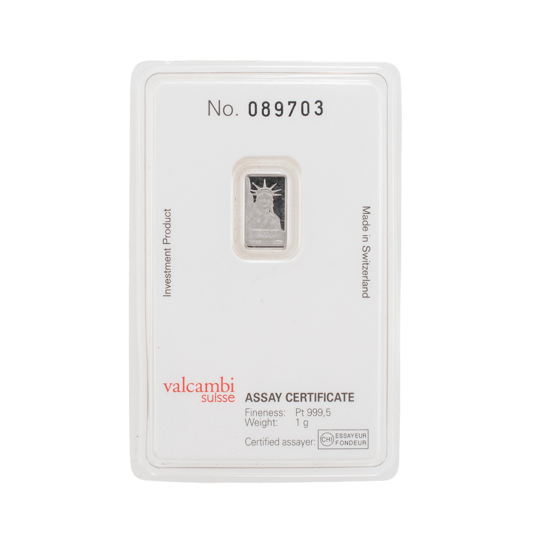 Valcambi Suisse 1 Gram .9995 Assay Card Credit Suisse Platinum Bullion Bar
