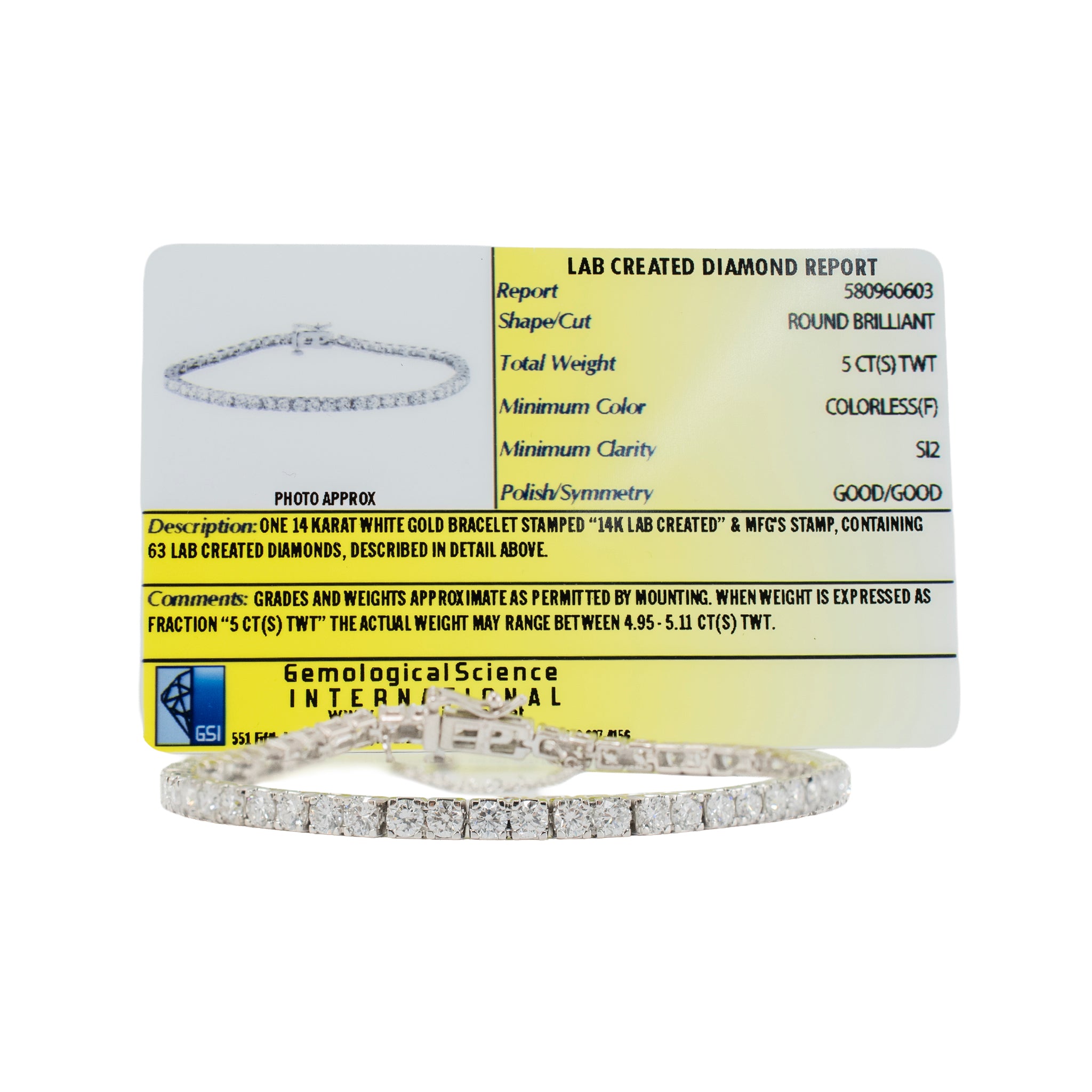 Ladies 14K White Gold Gsi 5.00ct Round Lab Grown Diamond Tennis Bracelet