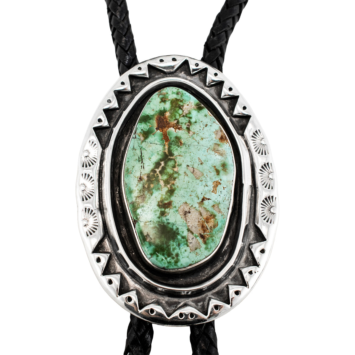 Vintage Sterling Silver Turquoise Black Leather Southwestern Bolo Tie