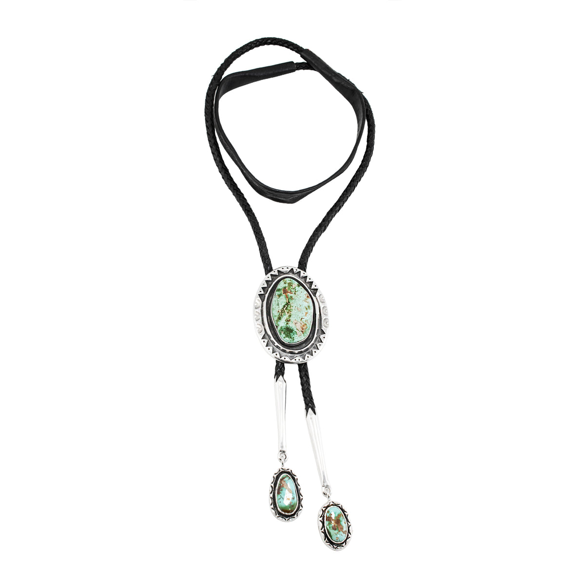 Vintage Sterling Silver Turquoise Black Leather Southwestern Bolo Tie