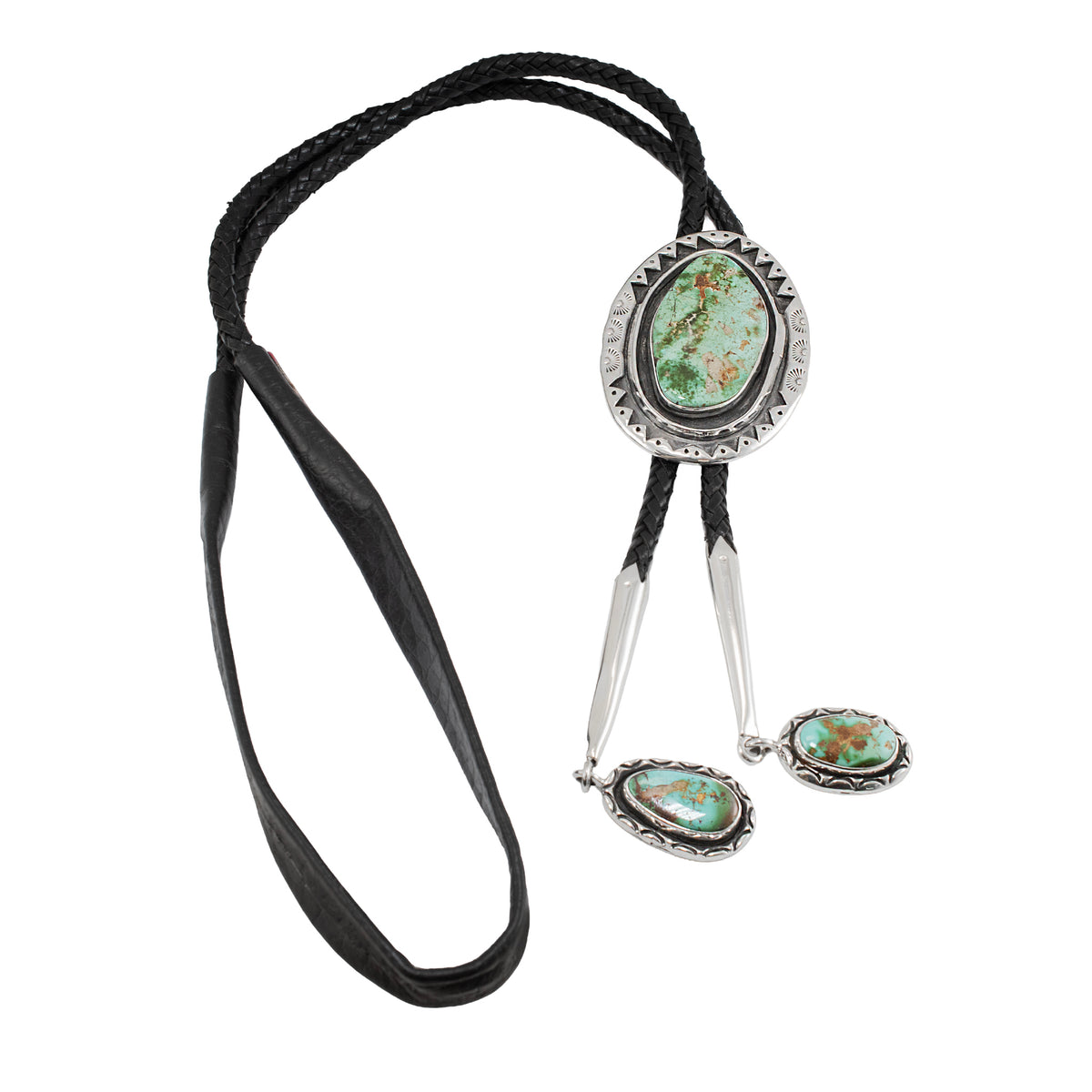 Vintage Sterling Silver Turquoise Black Leather Southwestern Bolo Tie