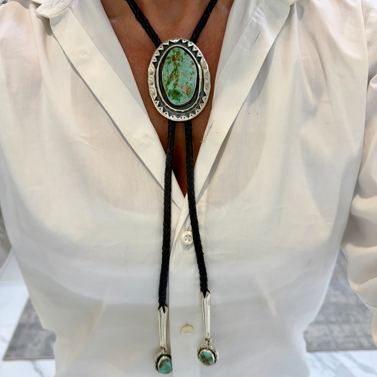 Vintage Sterling Silver Turquoise Black Leather Southwestern Bolo Tie