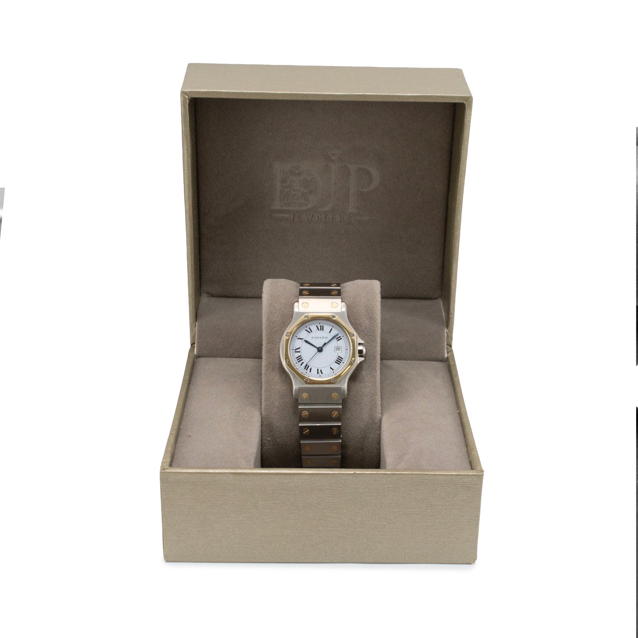 Ladies Cartier Santos Octagon 30MM 2966 White Roman Gold Steel Automatic Watch