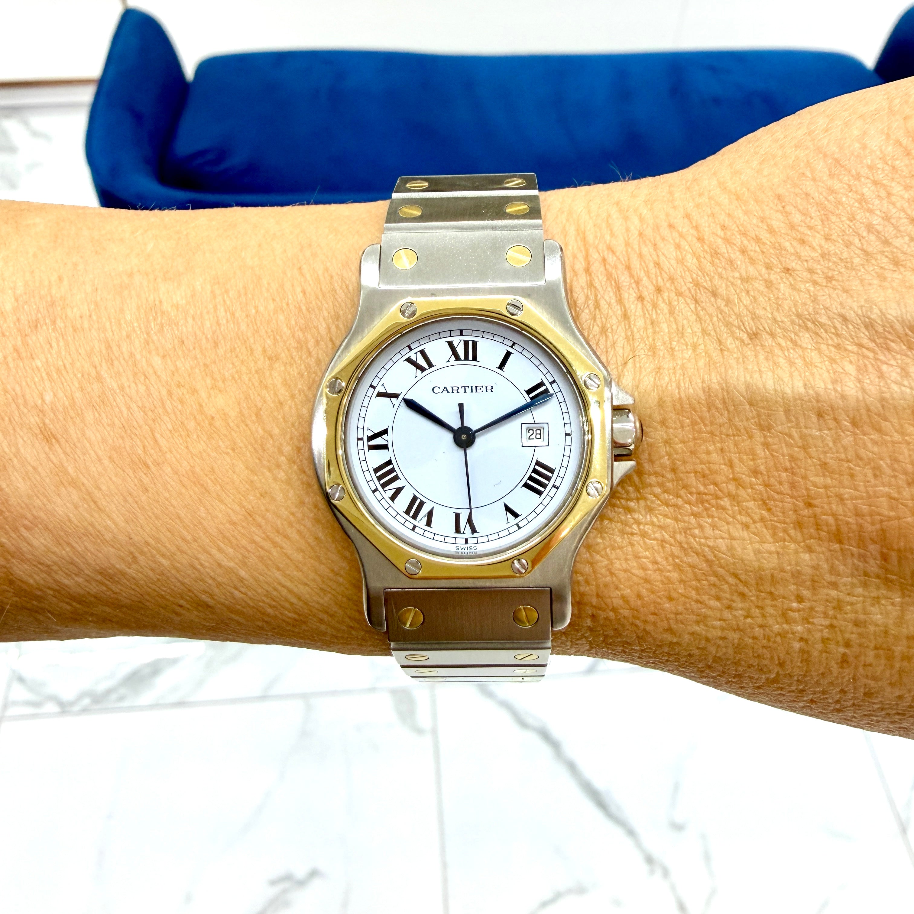 Ladies Cartier Santos Octagon 30MM 2966 White Roman Gold Steel Automatic Watch