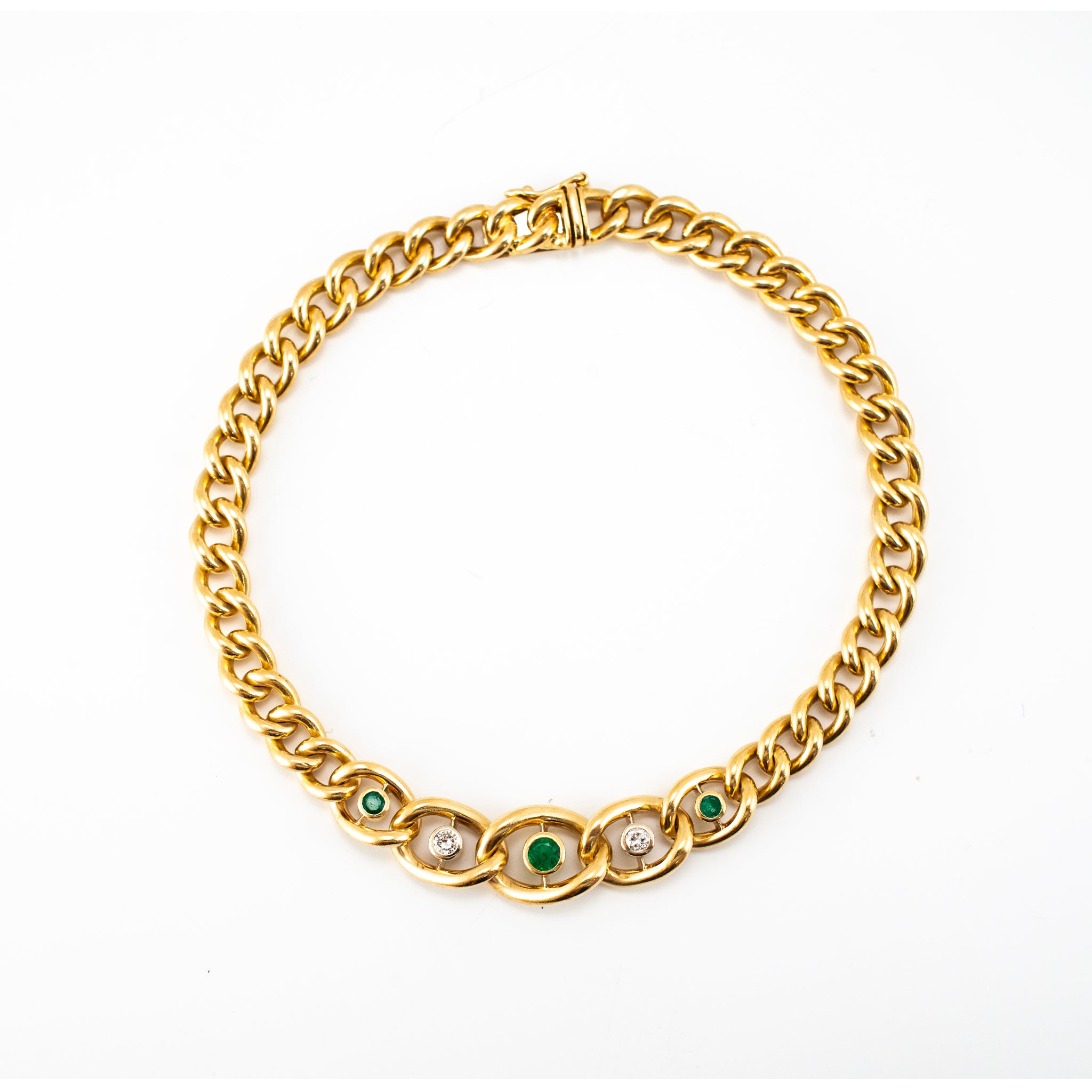 Vintage 18K Yellow Gold Emerald Diamond Graduated Articulated Curb Link Bracelet