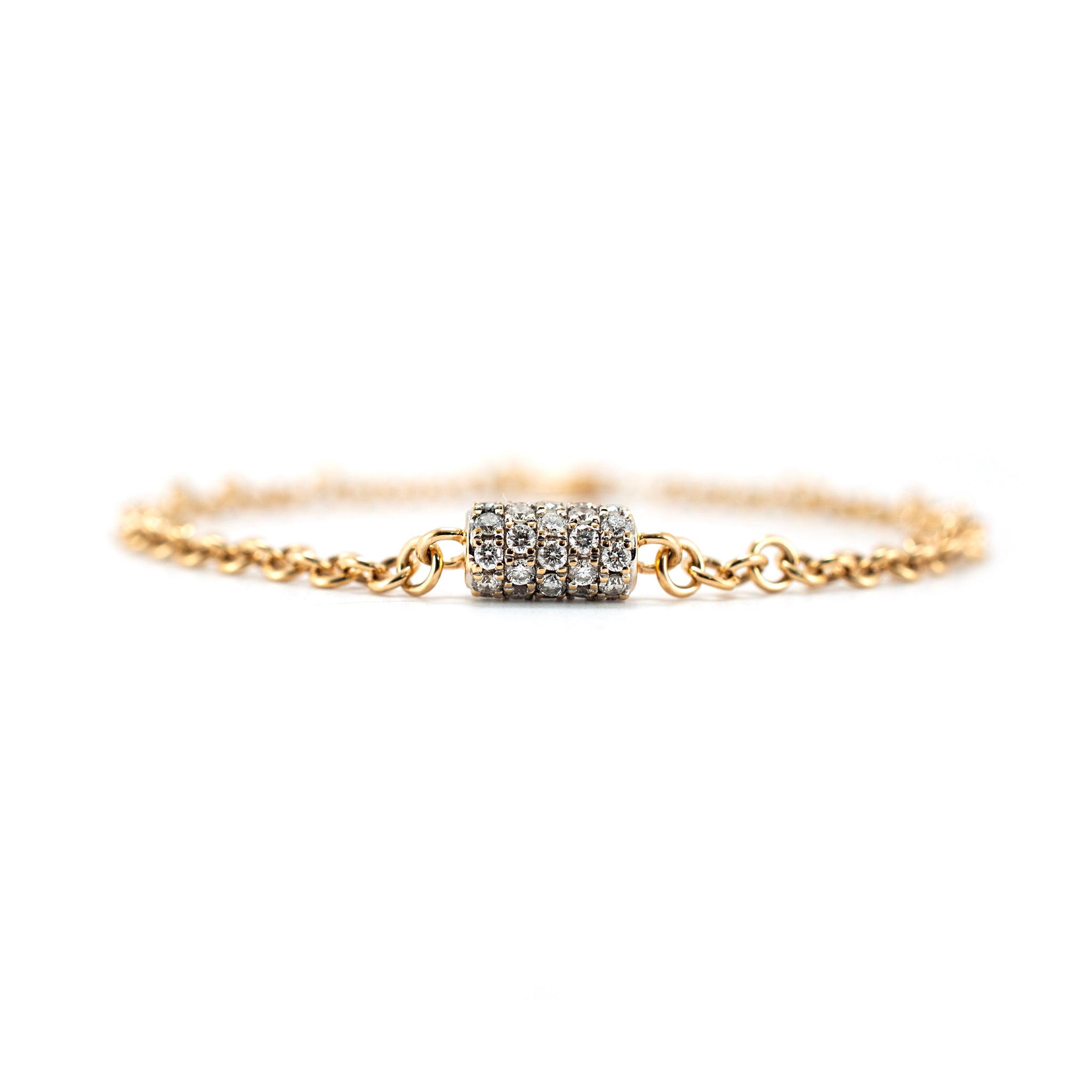 14K Rose Gold 0.41ctw Pave Diamond Barrel Rondelle Charm Chain Link Bracelet